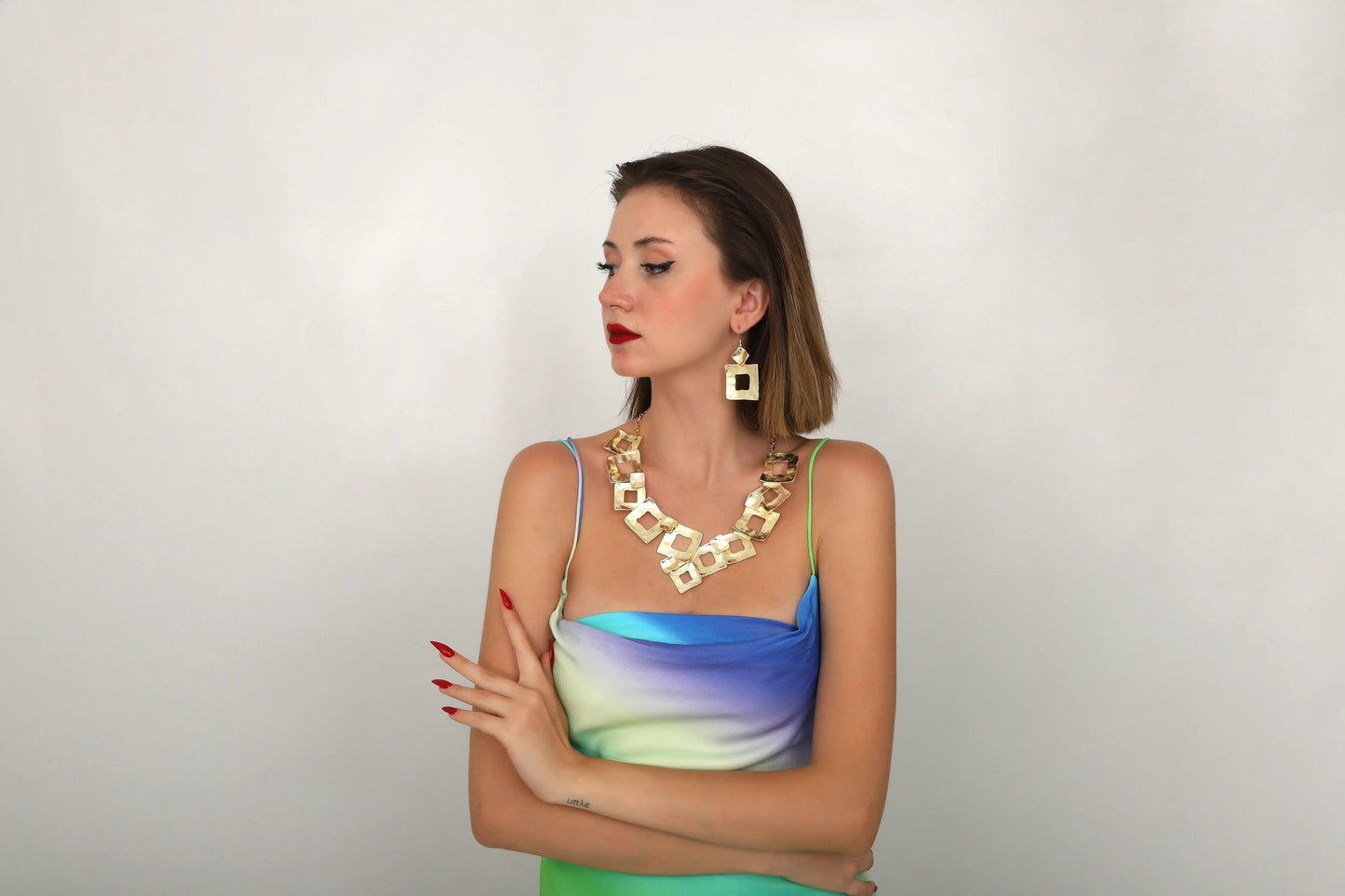 Gold Geometric Square Necklace & Earring Set