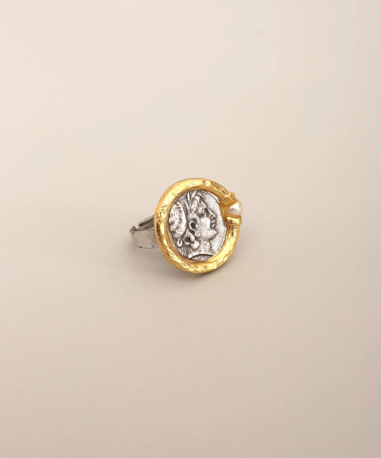 Gold Roman Coin Pearl Accent Ring