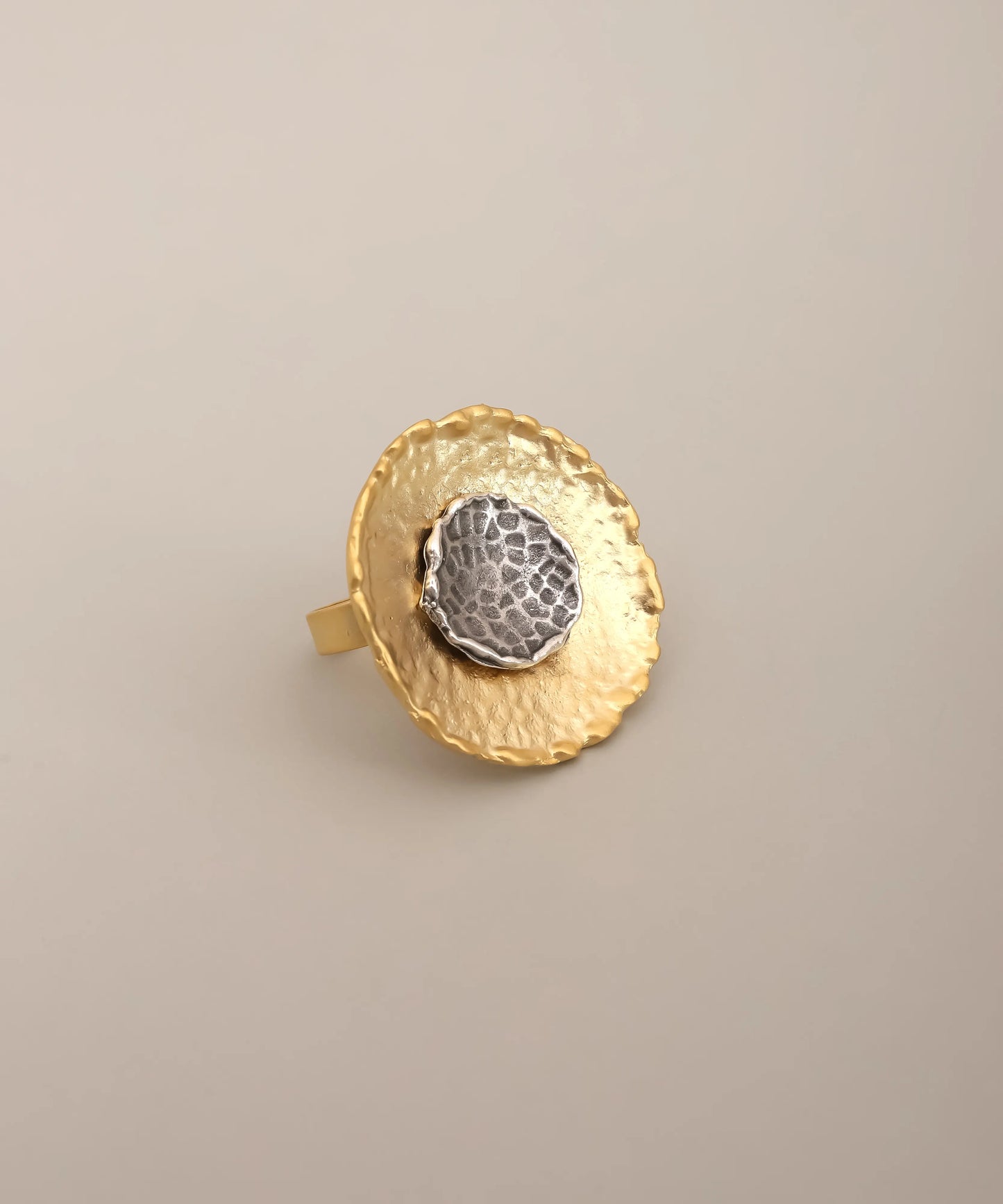 Gold Hammered Disc Ring with Silver Center