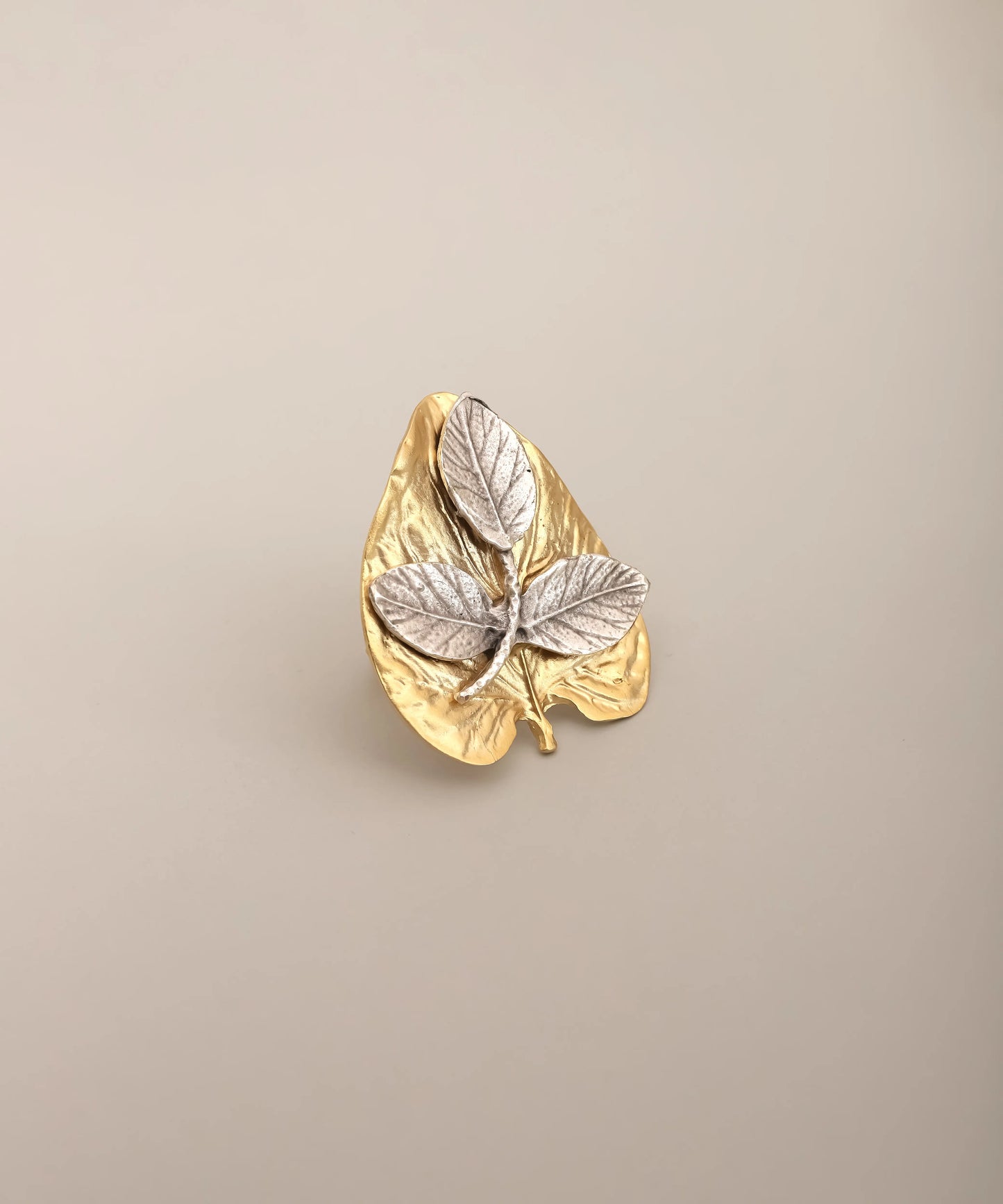 Gold Leaf Base Ring with Silver Botanical Detail