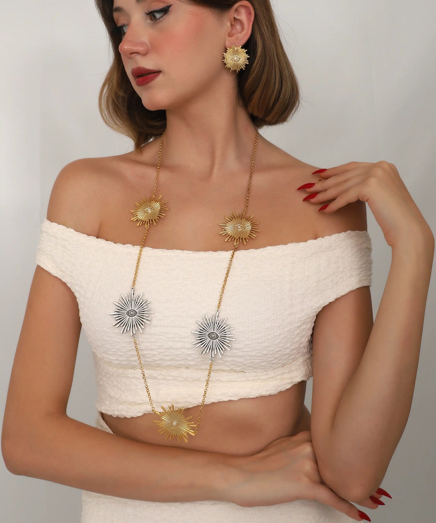 Gold Silver Sunburst Necklace & Earring Set