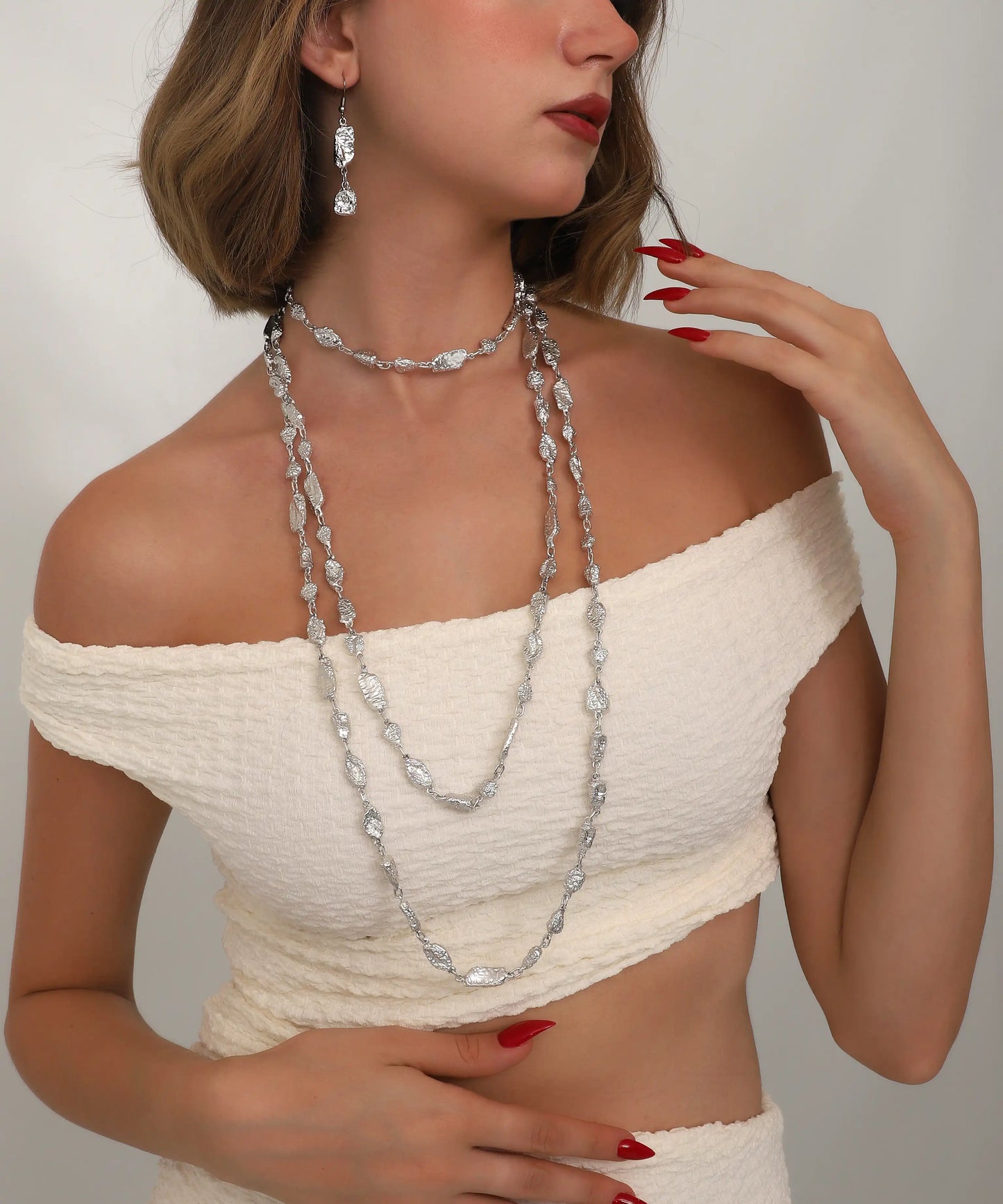 Silver Multi Layer Stone Necklace & Earring Set