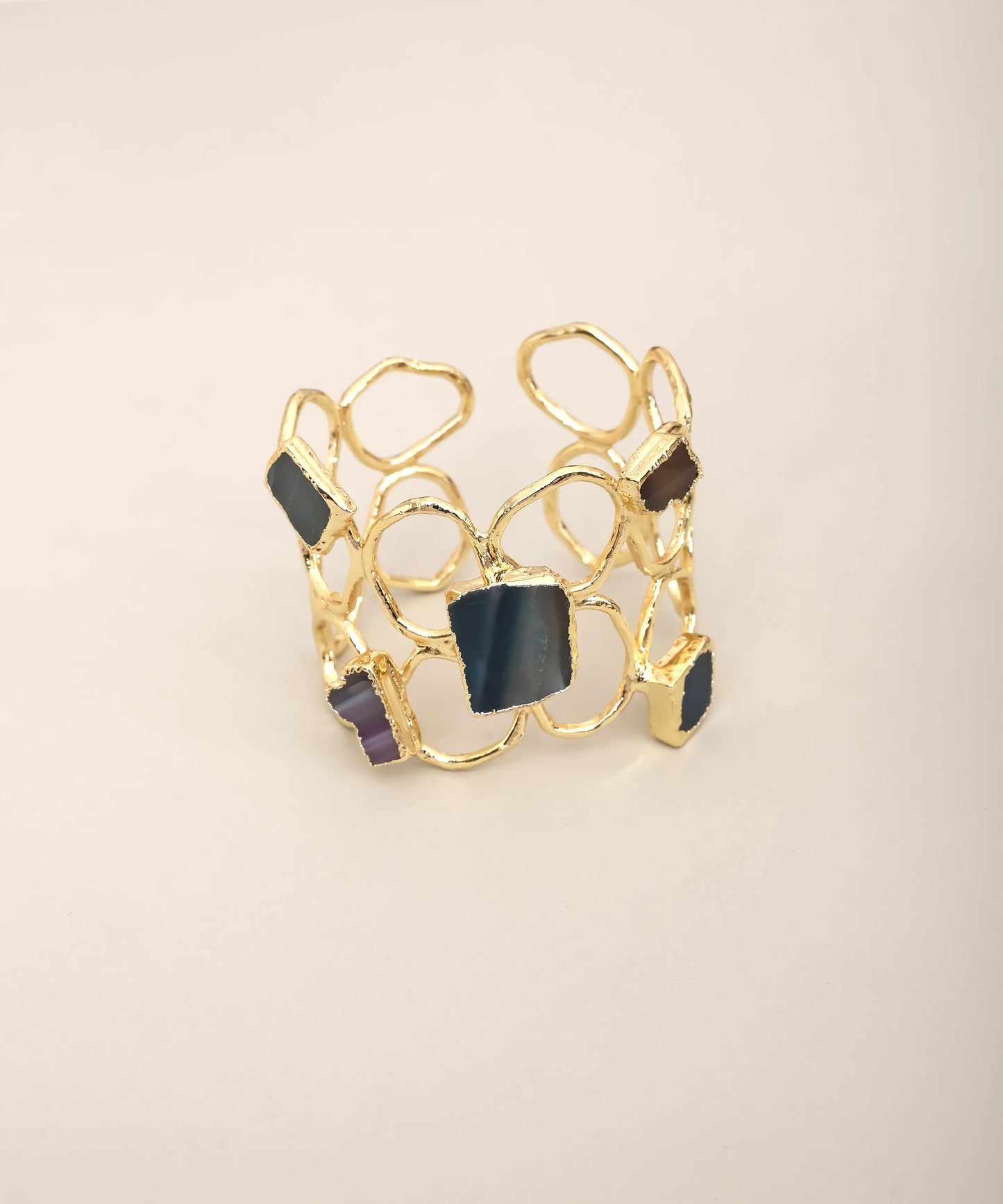 Wide Geometric Stone Gold Cuff Ring