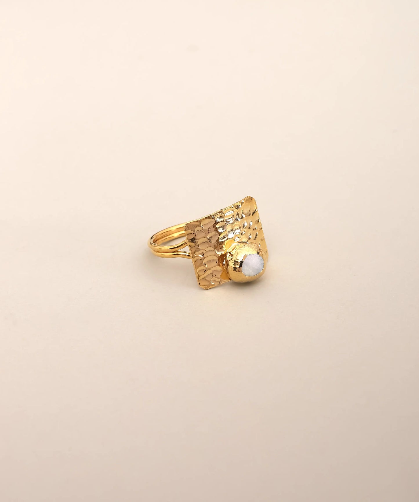 Gold Textured Wide Band Pearl Accent Ring