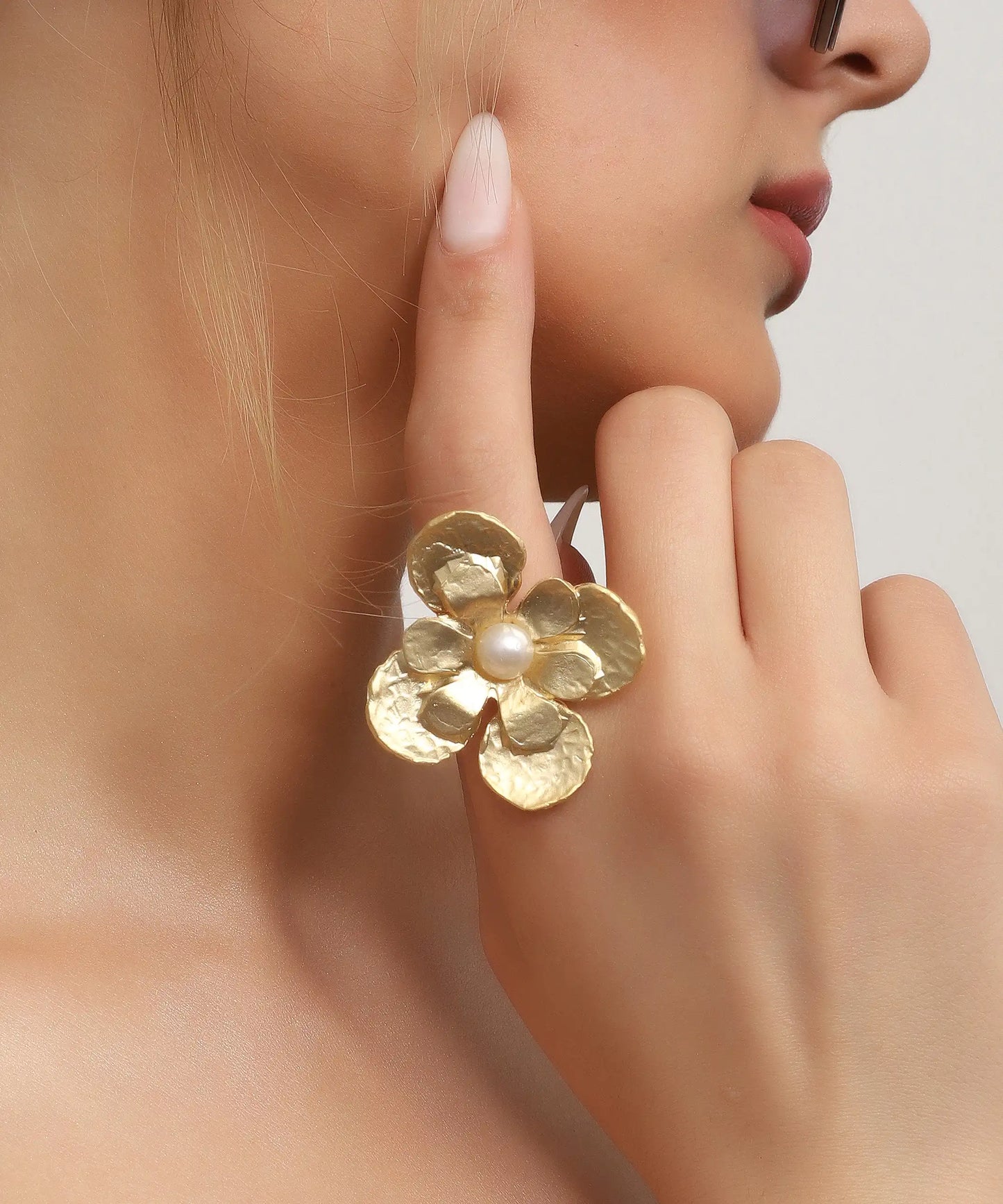 Gold Flower Pearl Statement Ring