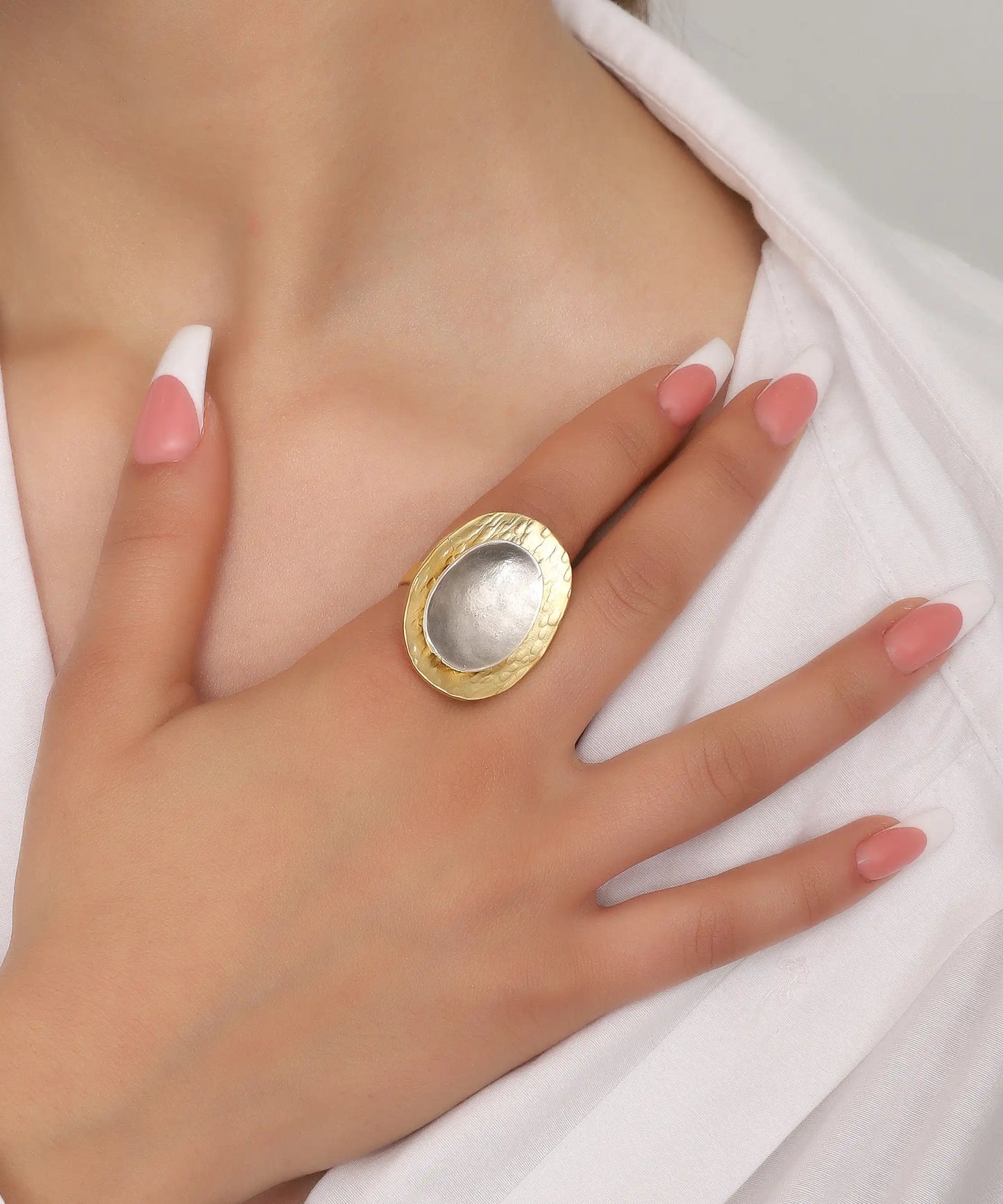 Gold Oval Hammered Dual Tone Statement Ring