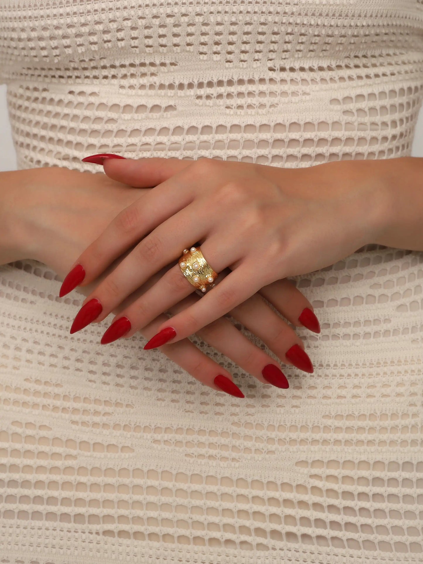 Wide Pearl Textured Gold Ring (Lifestyle)