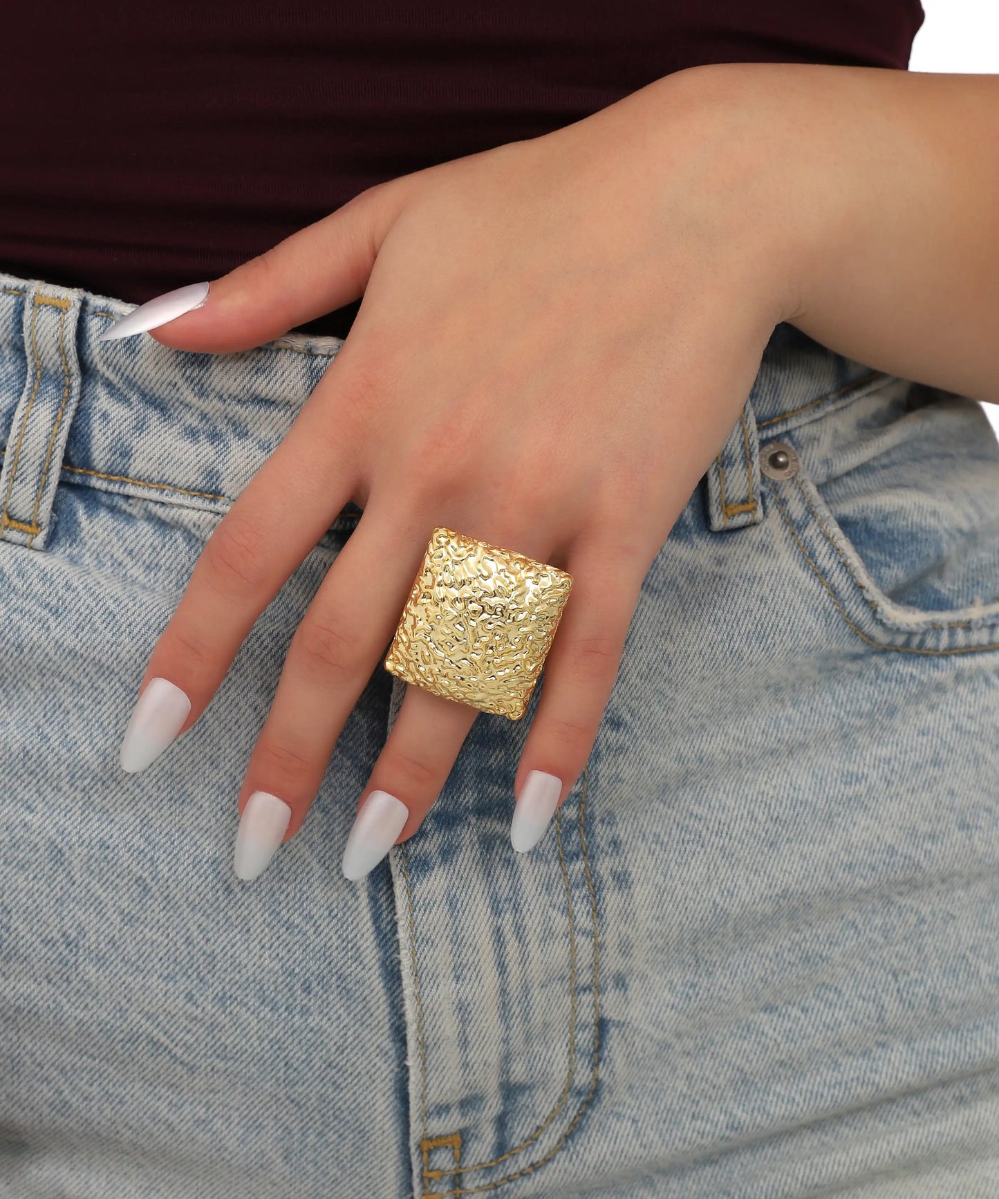 Hammered Texture Square Gold Statement Ring