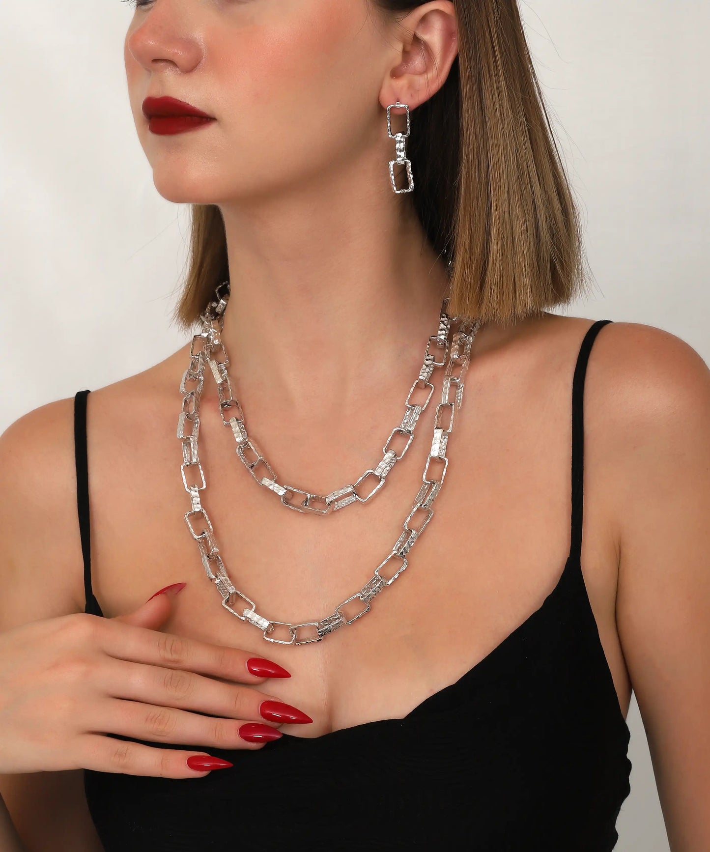 Double Layer Silver Rectangle Link Necklace Set