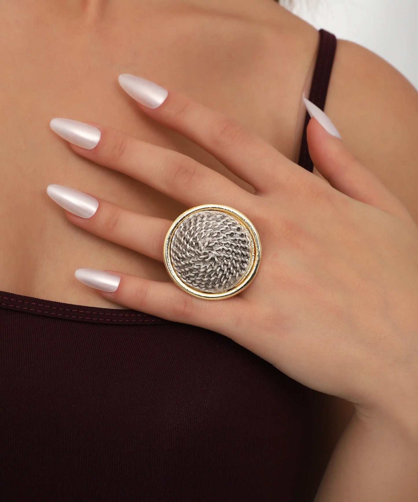 Dual Tone Textured Round Statement Ring