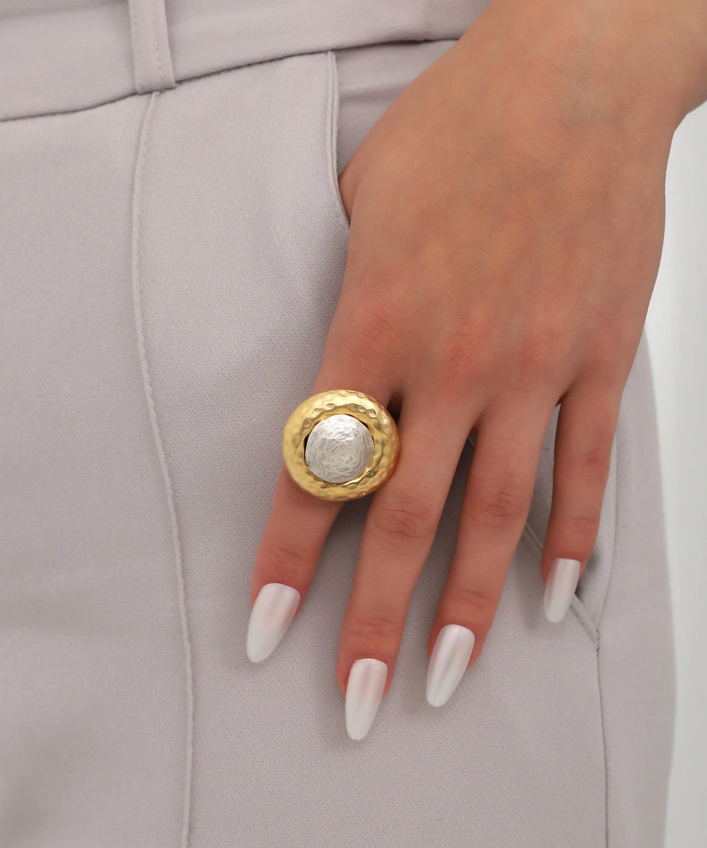 Gold Hammered Circle Dual Tone Statement Ring