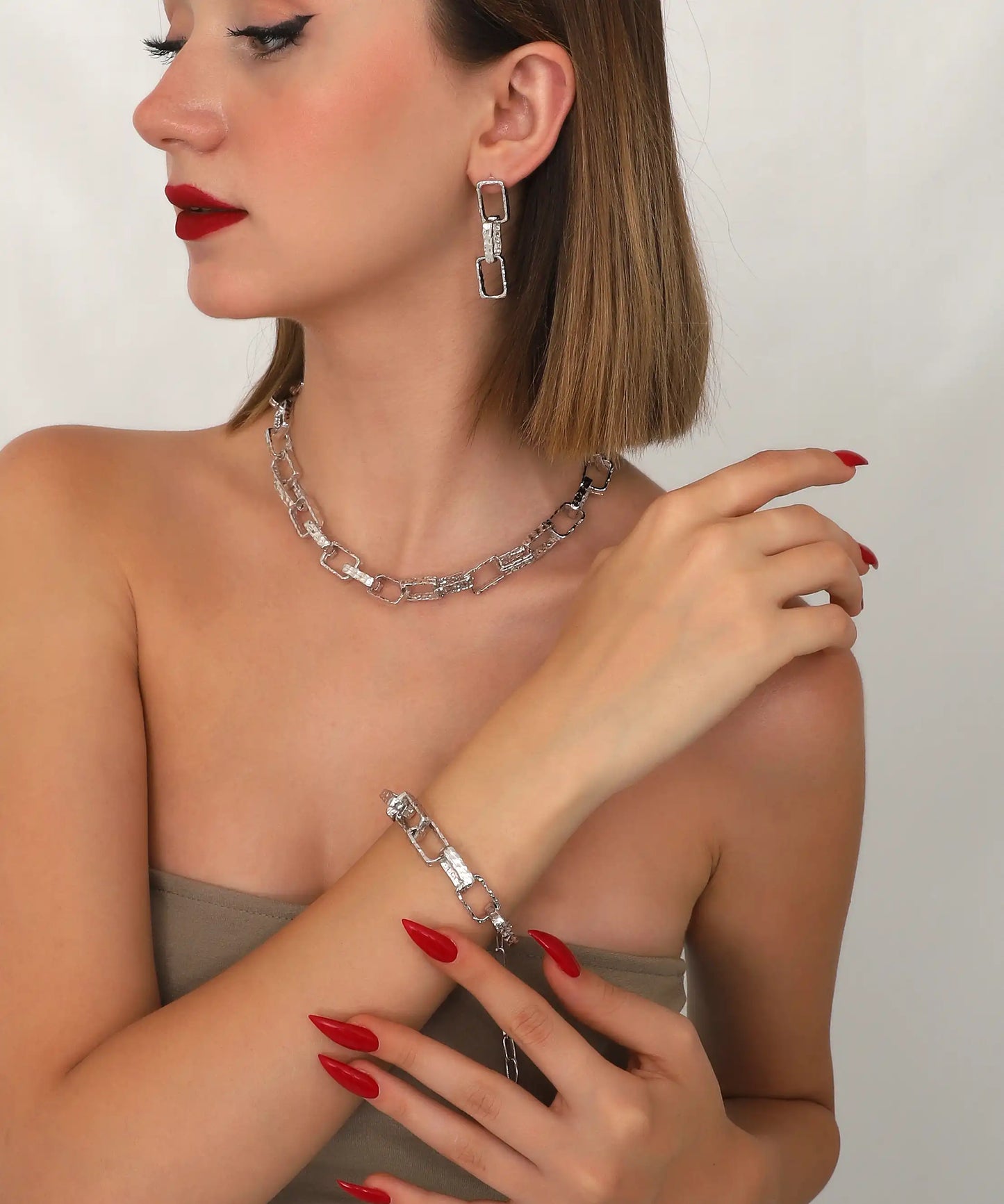 Silver Rectangle Link Chain Jewelry Set