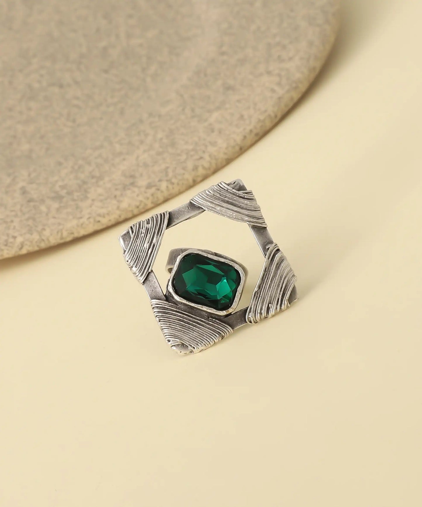 Geometric Emerald Frame Ring