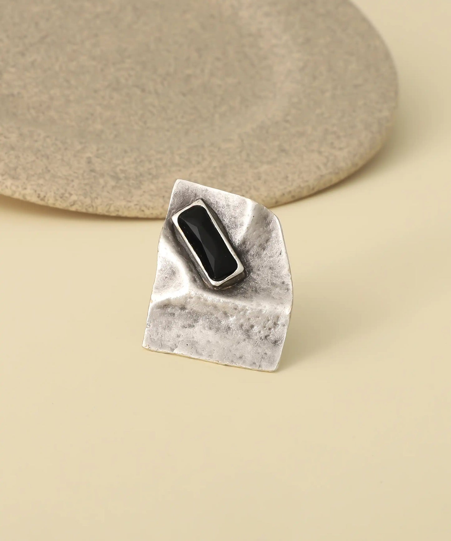 Abstract Black Stone Silver Ring