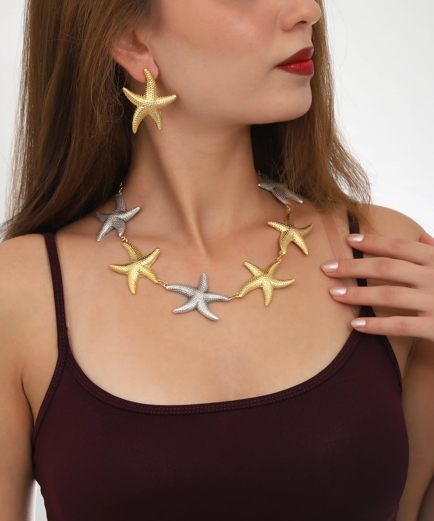 Two-Tone Starfish Statement Necklace Earring Set
