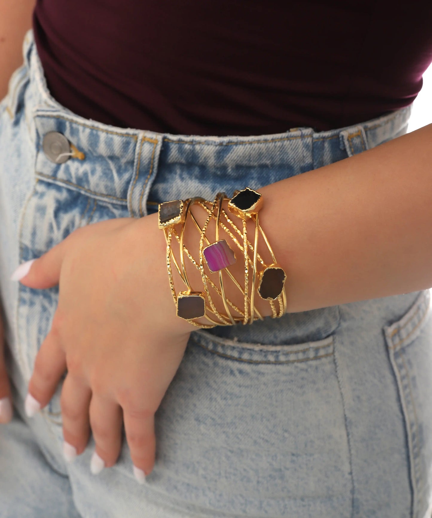 Gold Multi Stone Wrap Cuff Bracelet