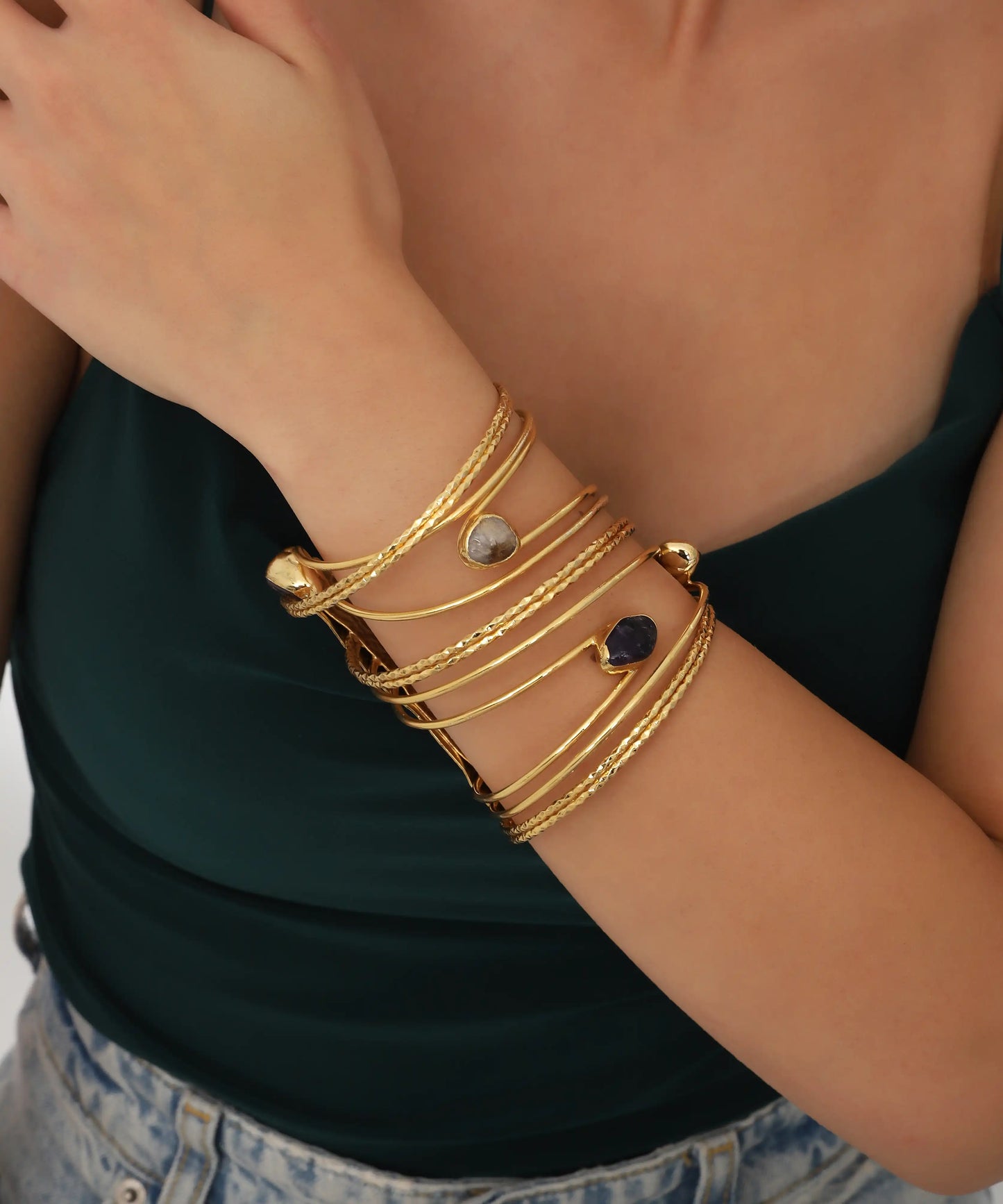 Gold Multi Layer Stone Cuff Bracelet