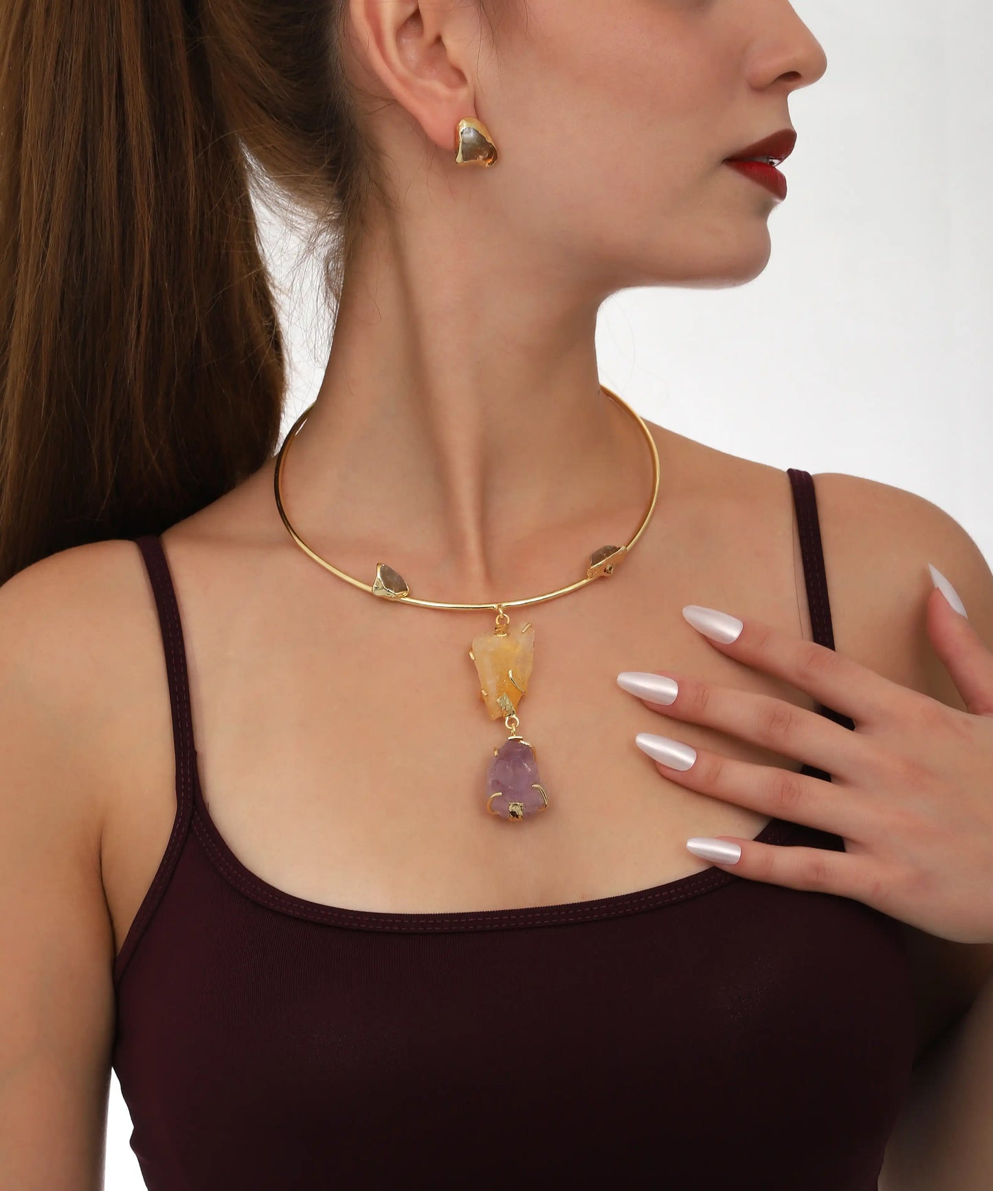 Gold Natural Stone Drop Choker Earring Set