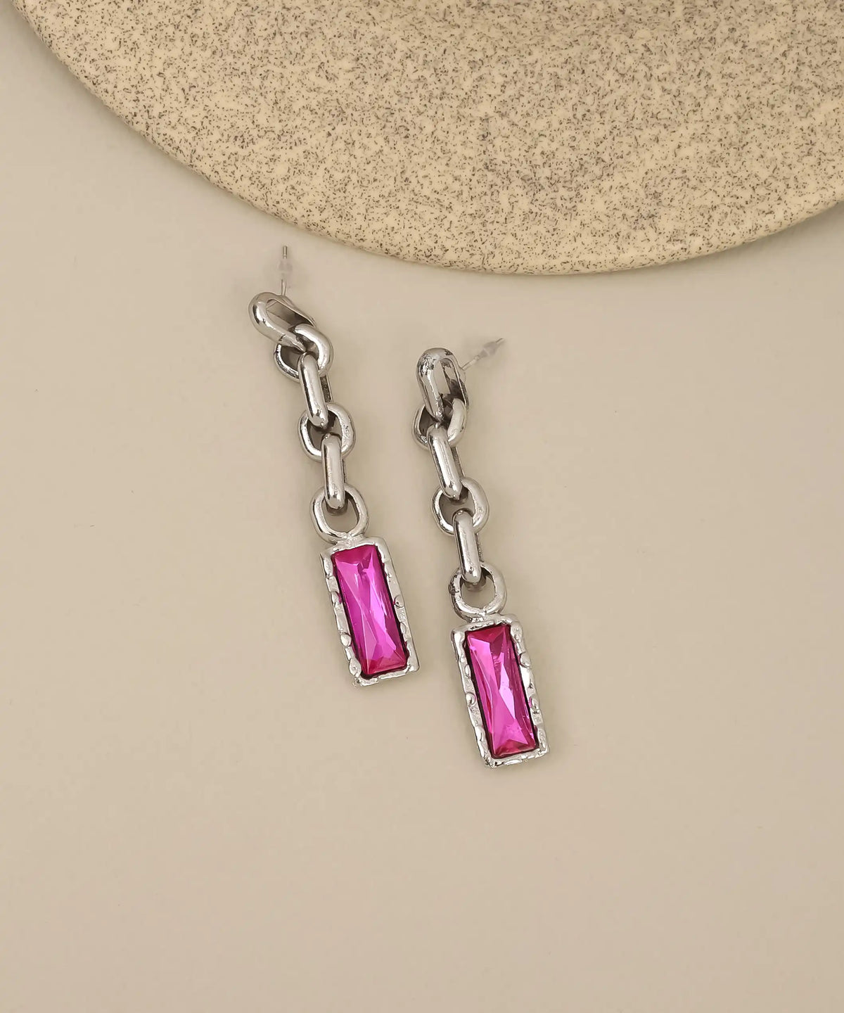 Silver Chain Link Drop Earrings with Pink Crystal