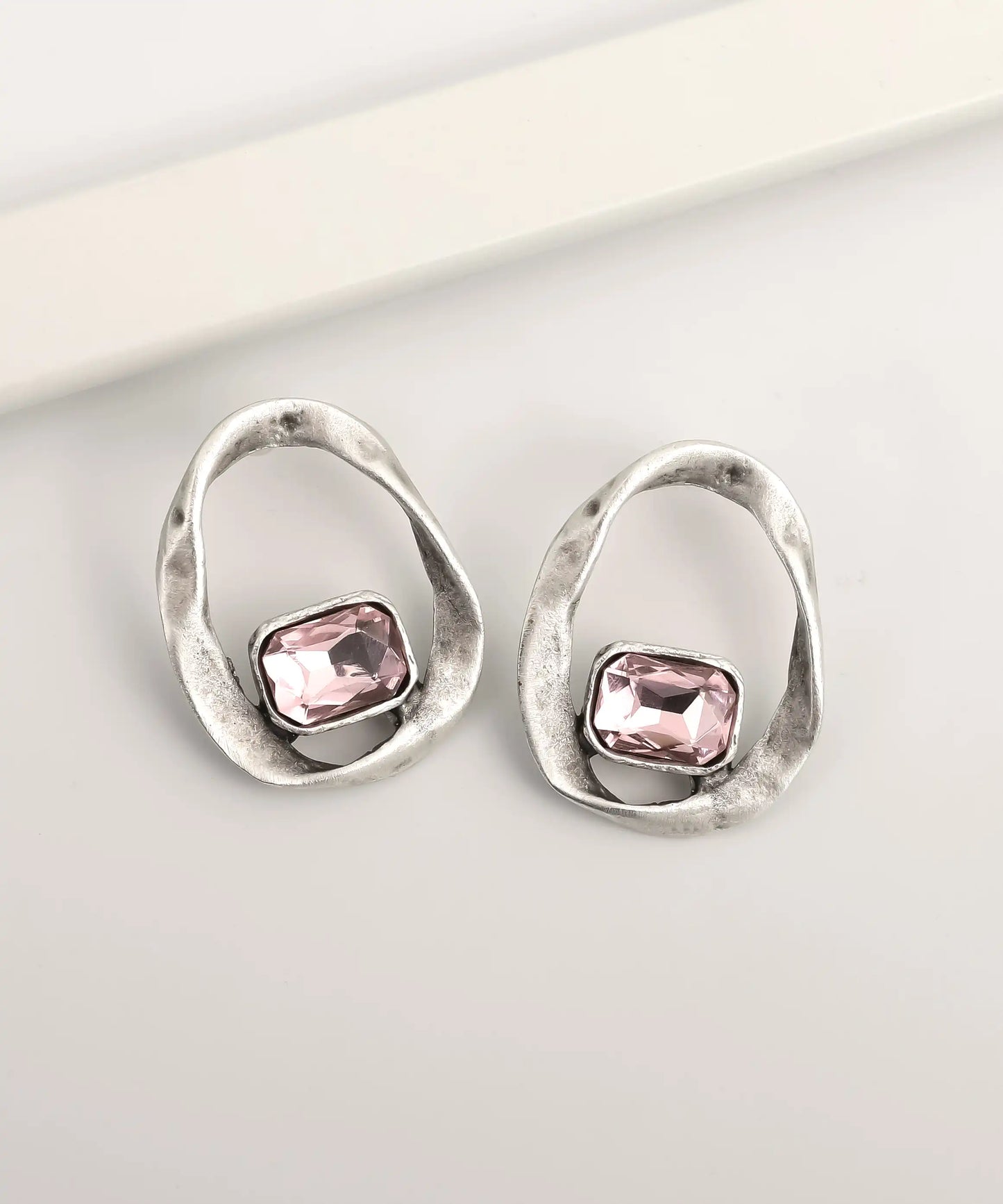 Silver Organic Frame Pink Stone Earrings