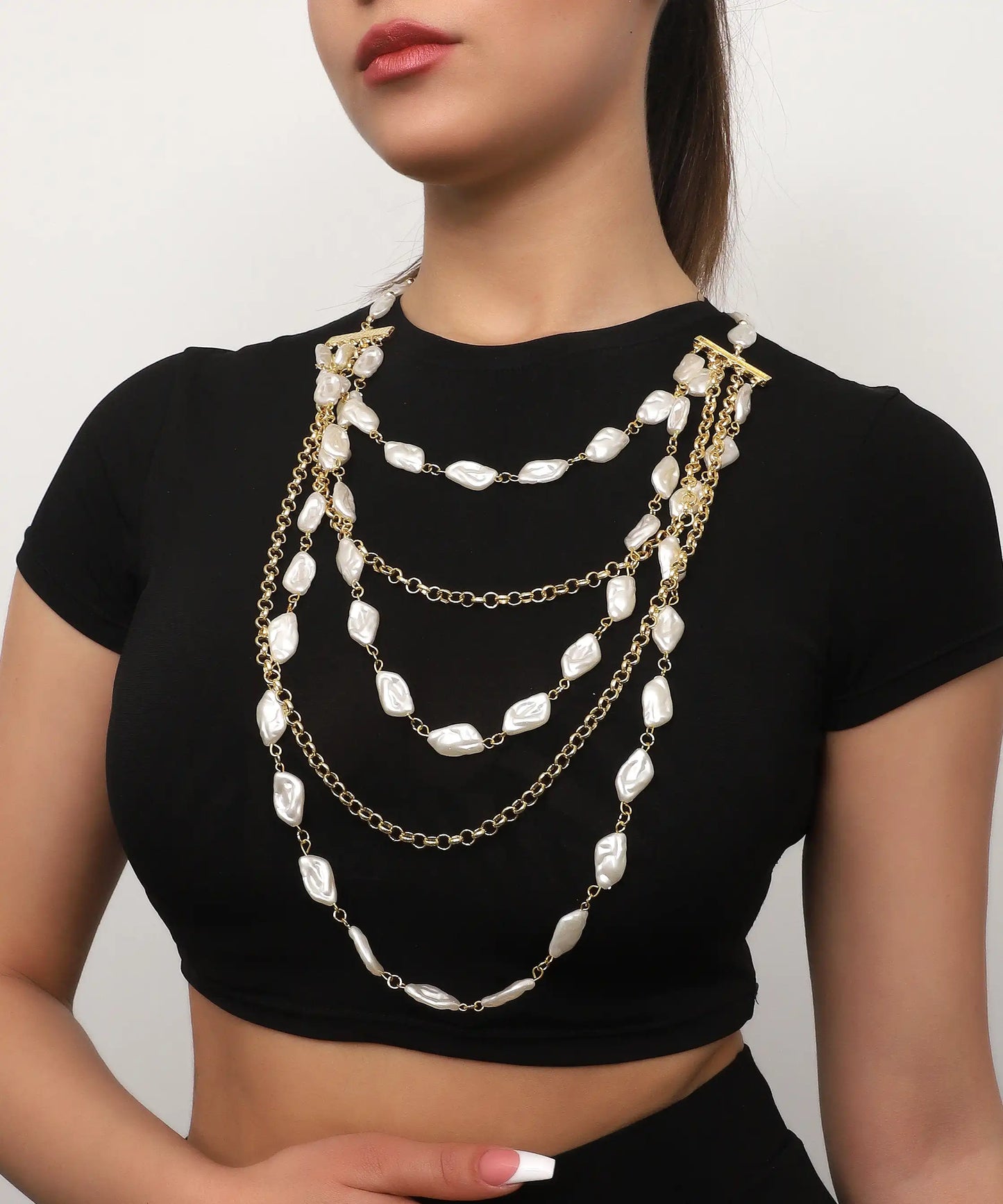 Gold Layered Baroque Pearl Chain Necklace