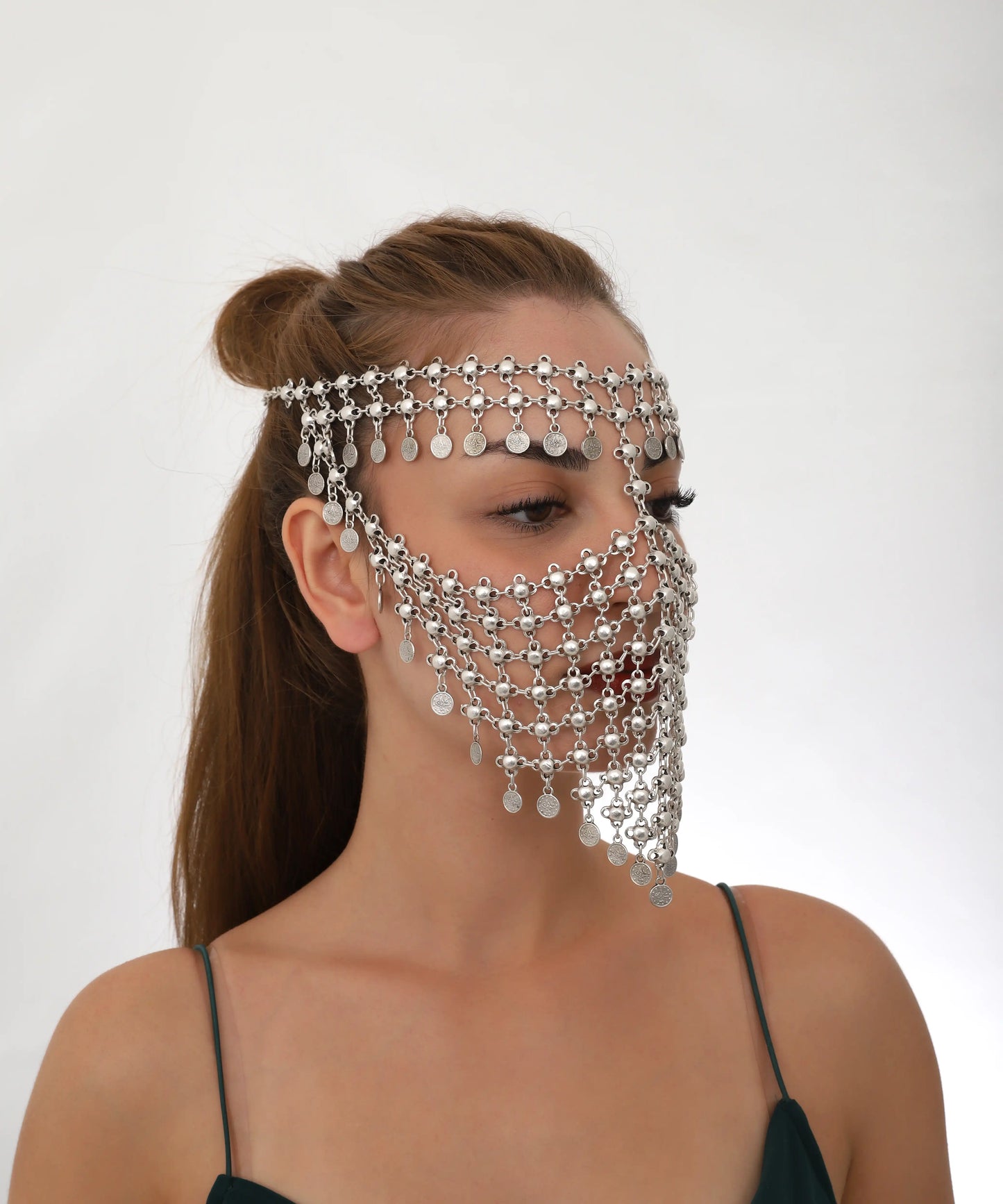 Silver Coin Chain Face Mask Headpiece