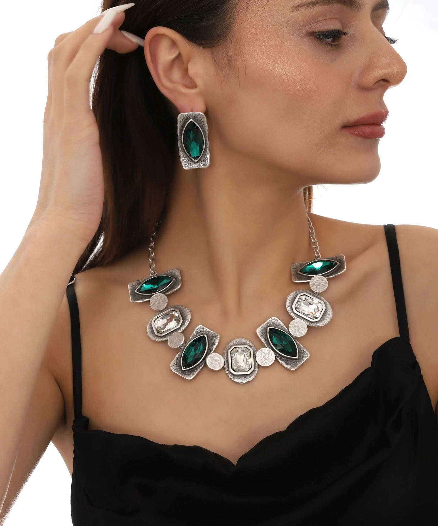 Emerald Silver Crystal Statement Set
