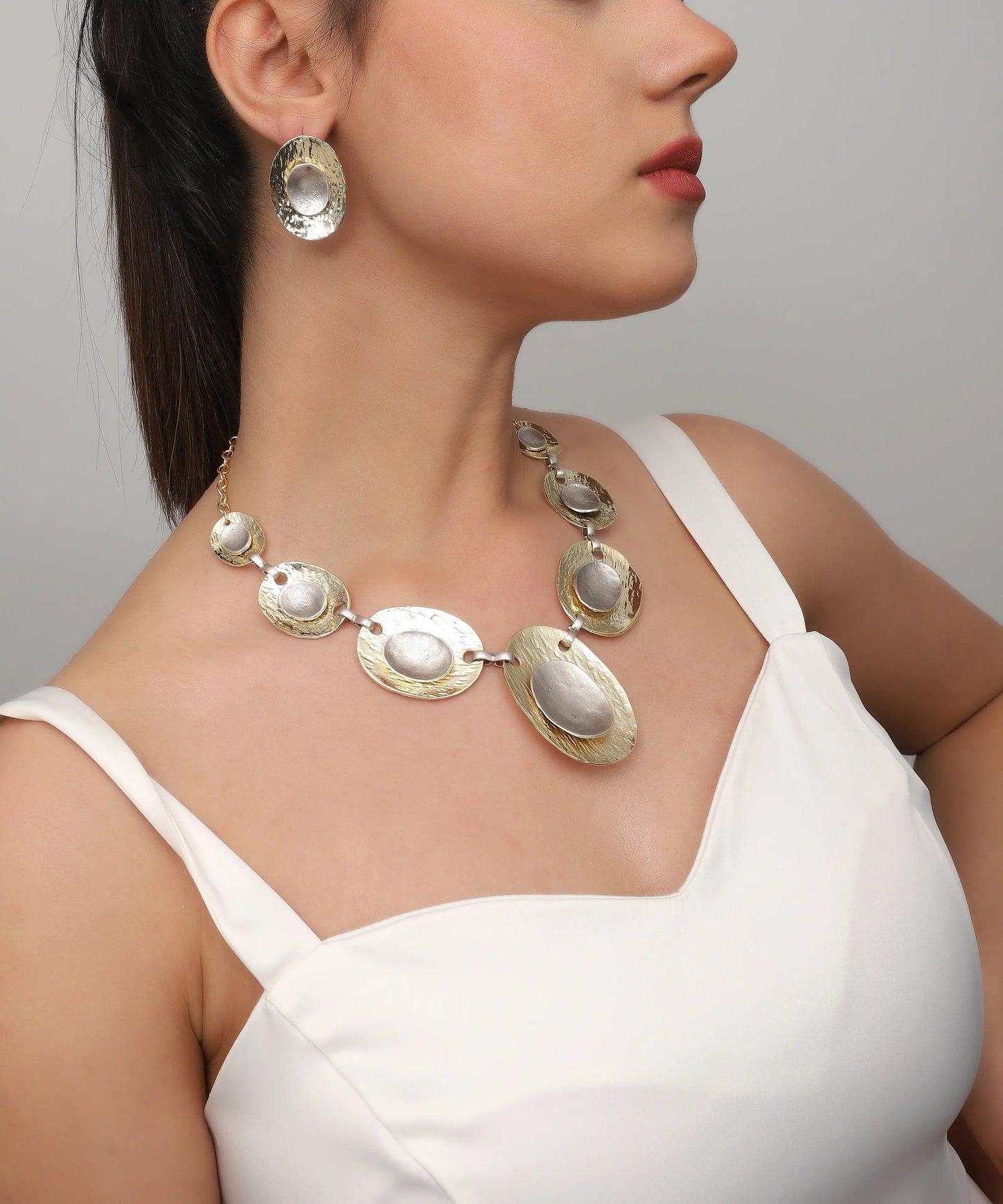 Gold Silver Oval Disc Necklace & Earring Set