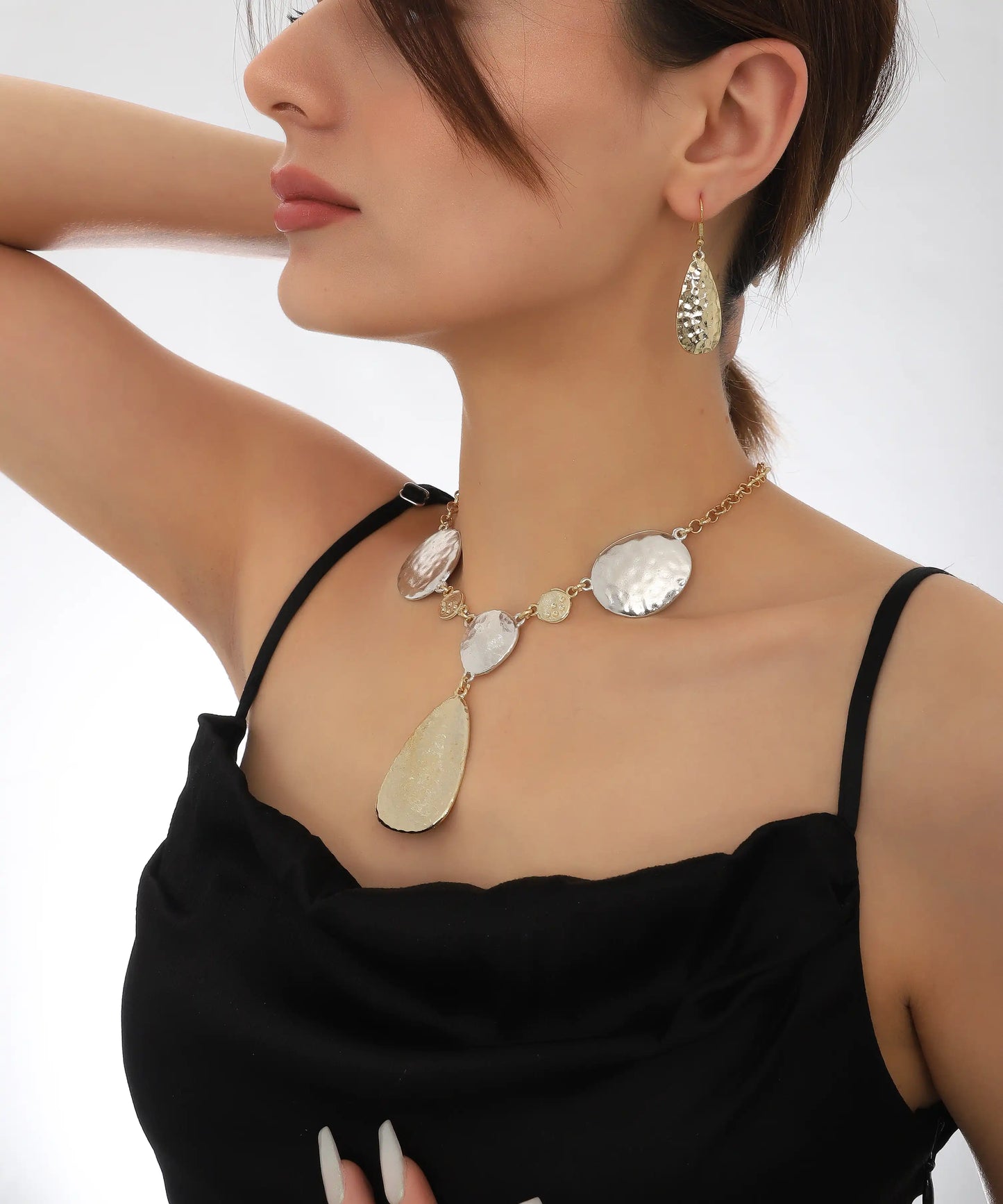 Mixed Metal Hammered Disc Necklace Earring Set