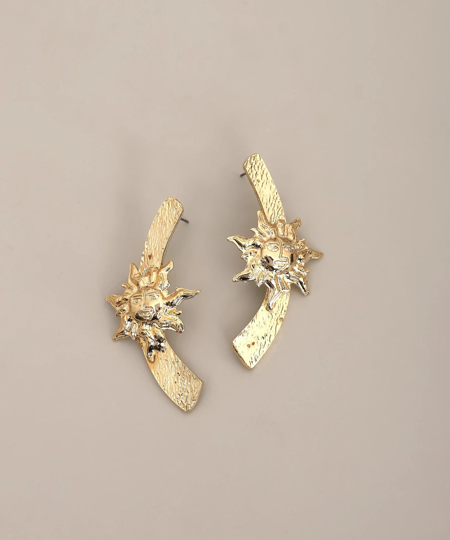 Gold Sun Face Abstract Drop Earrings