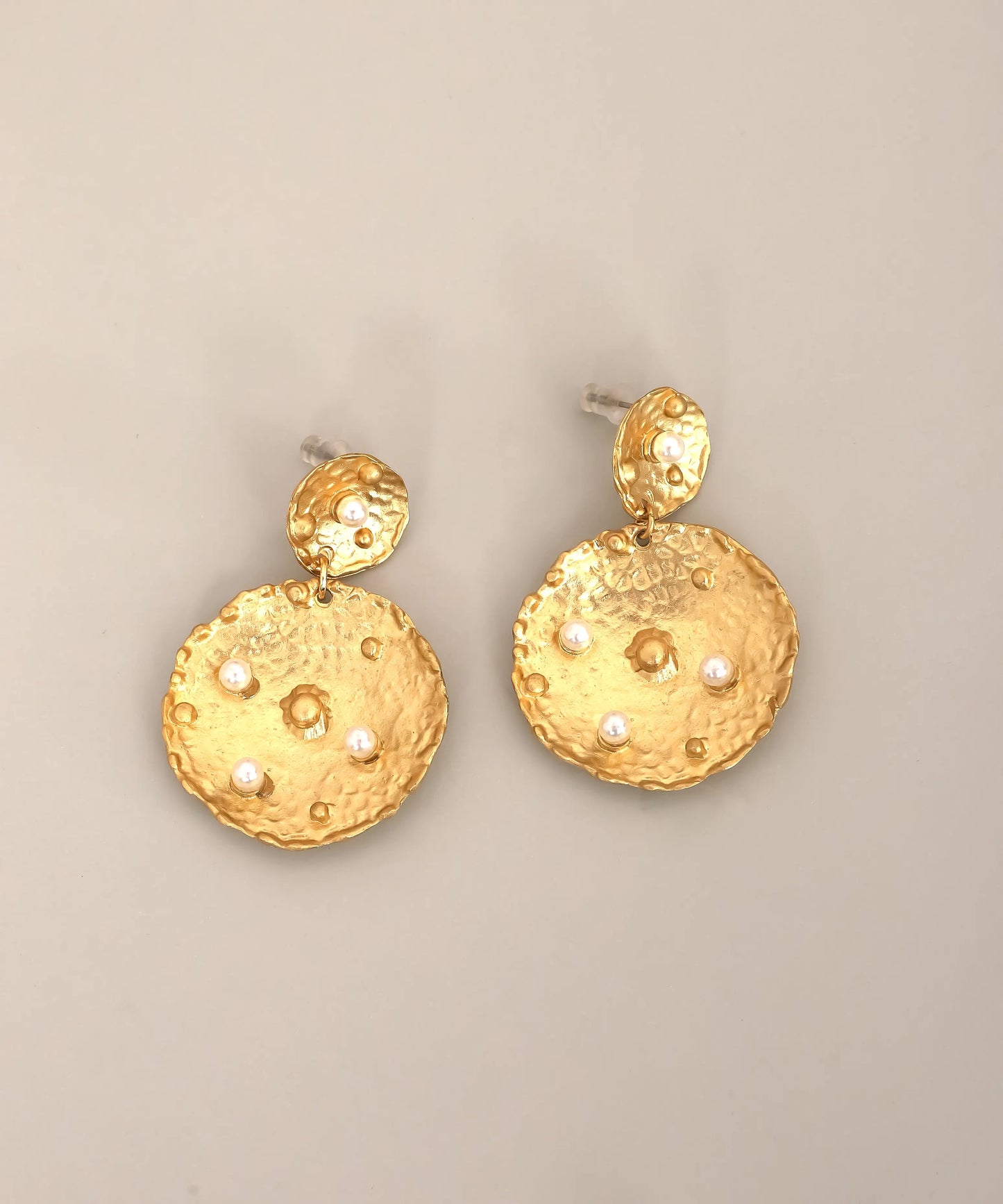 Gold Hammered Disc Pearl Statement Earrings
