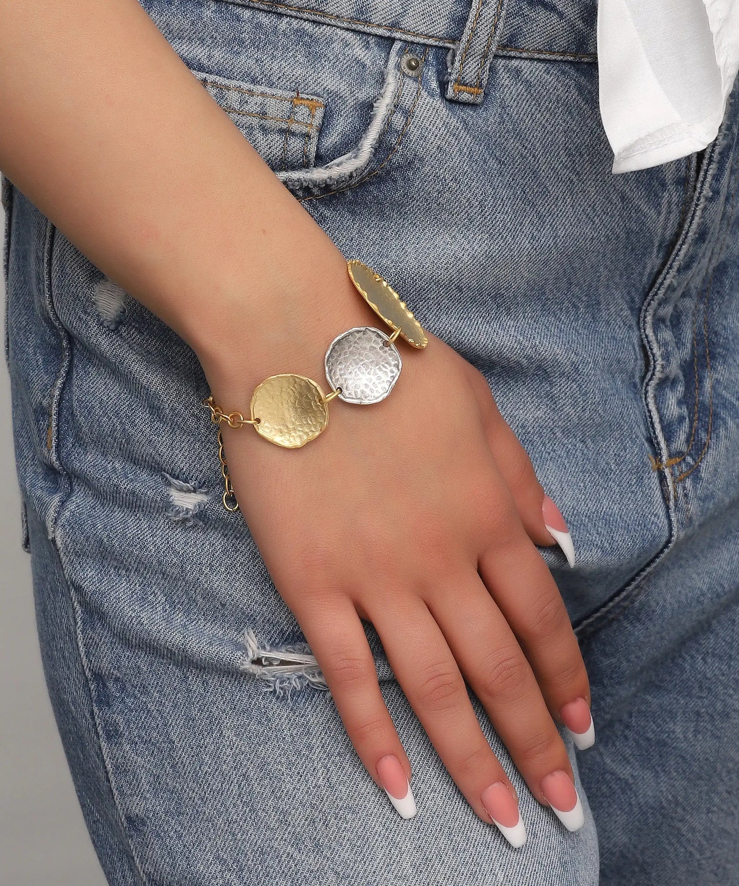 Gold Silver Hammered Disc Chain Bracelet