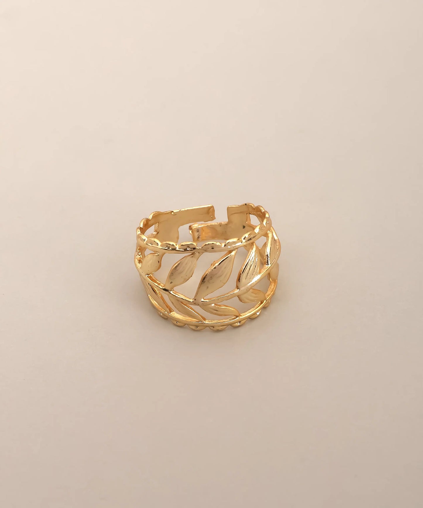 Gold Plated Leaf Pattern Cuff Ring Adjustable