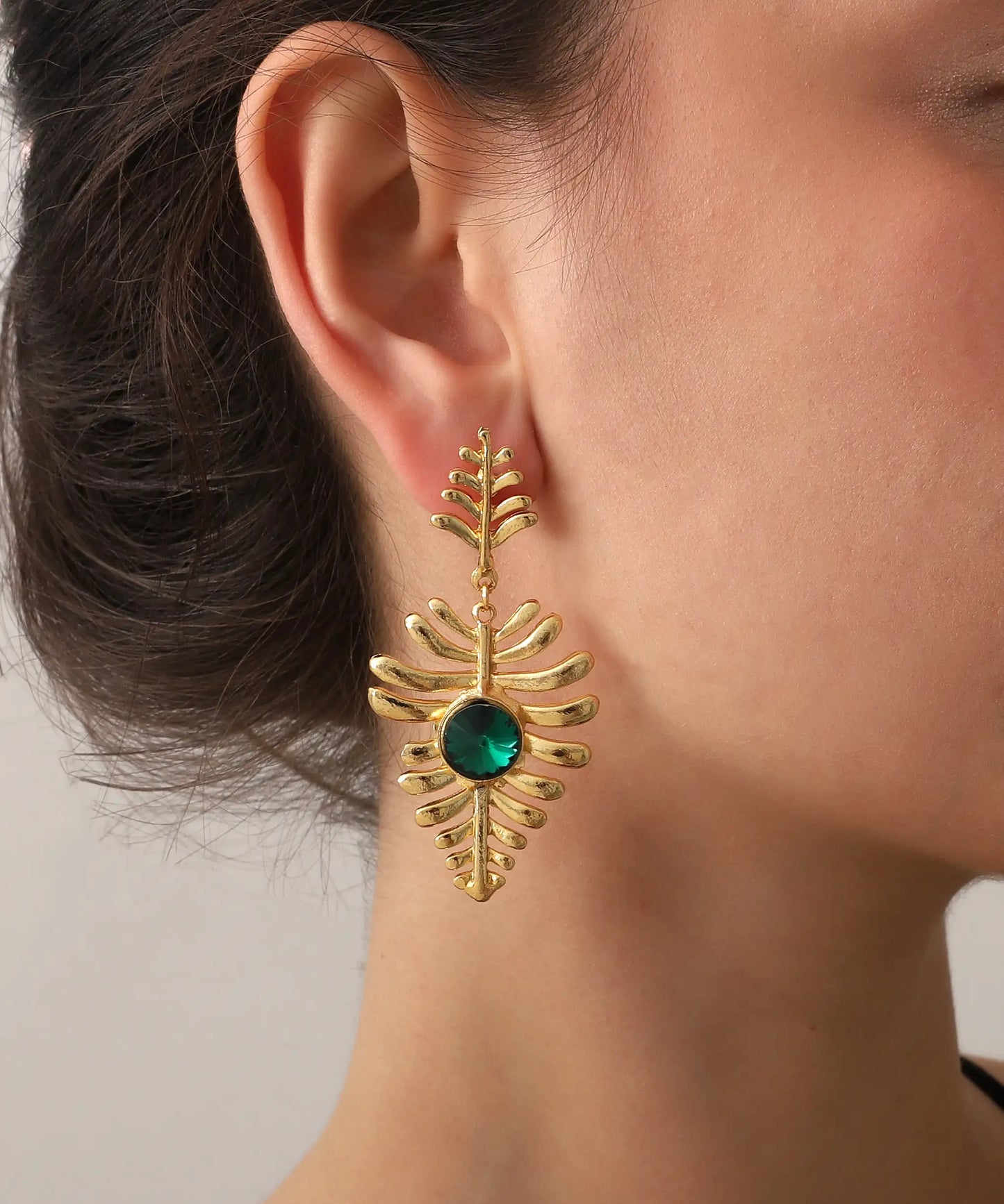 Gold Plated Green Stone Leaf Earrings