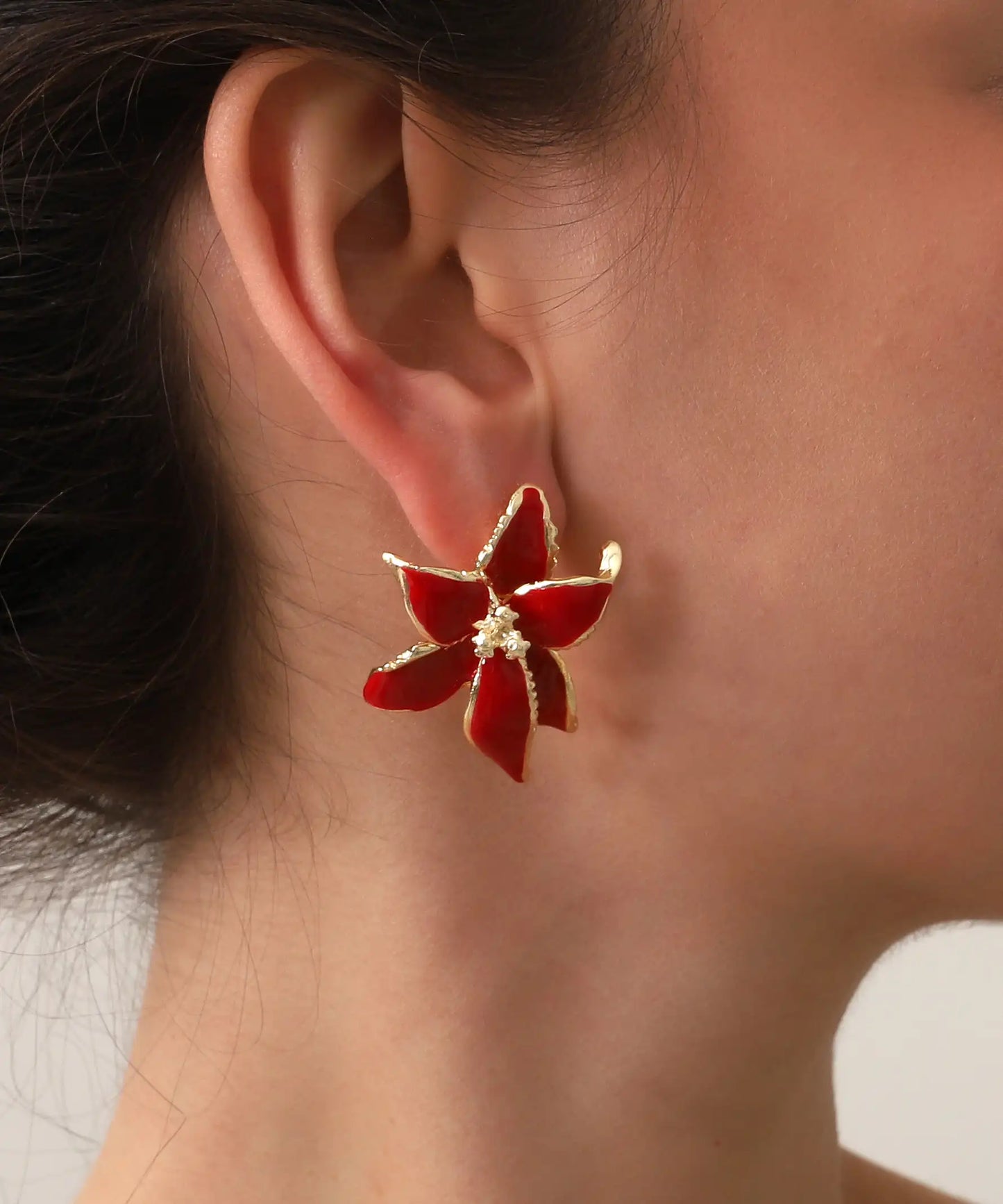 Gold Plated Red Flower Earrings