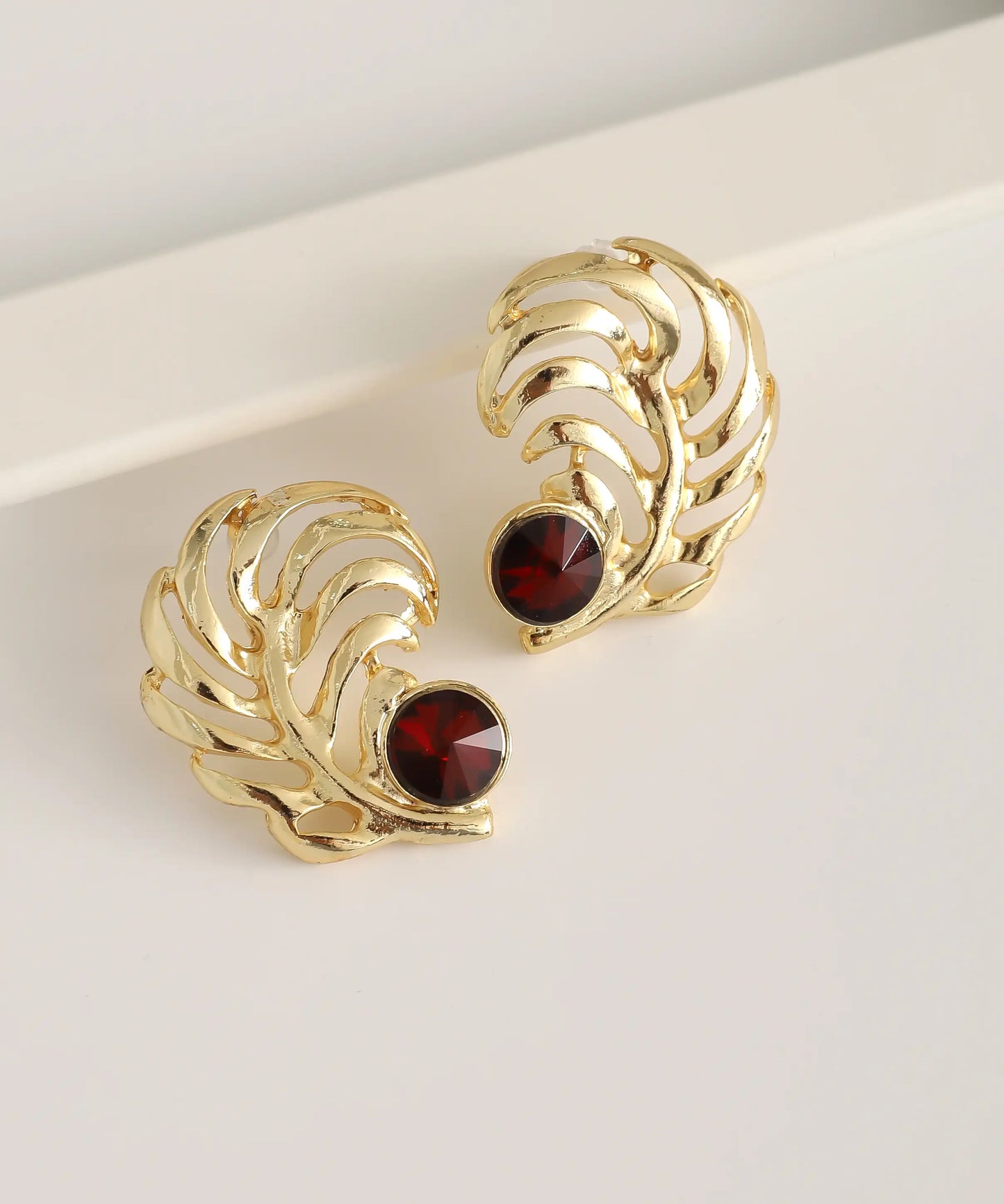 Gold Plated Red Stone Feather Earrings