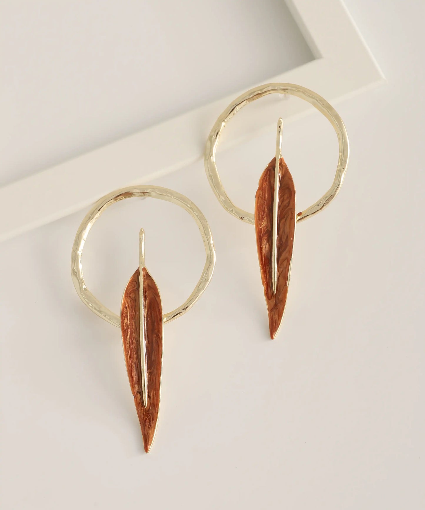 Gold Plated Brown Feather Earrings
