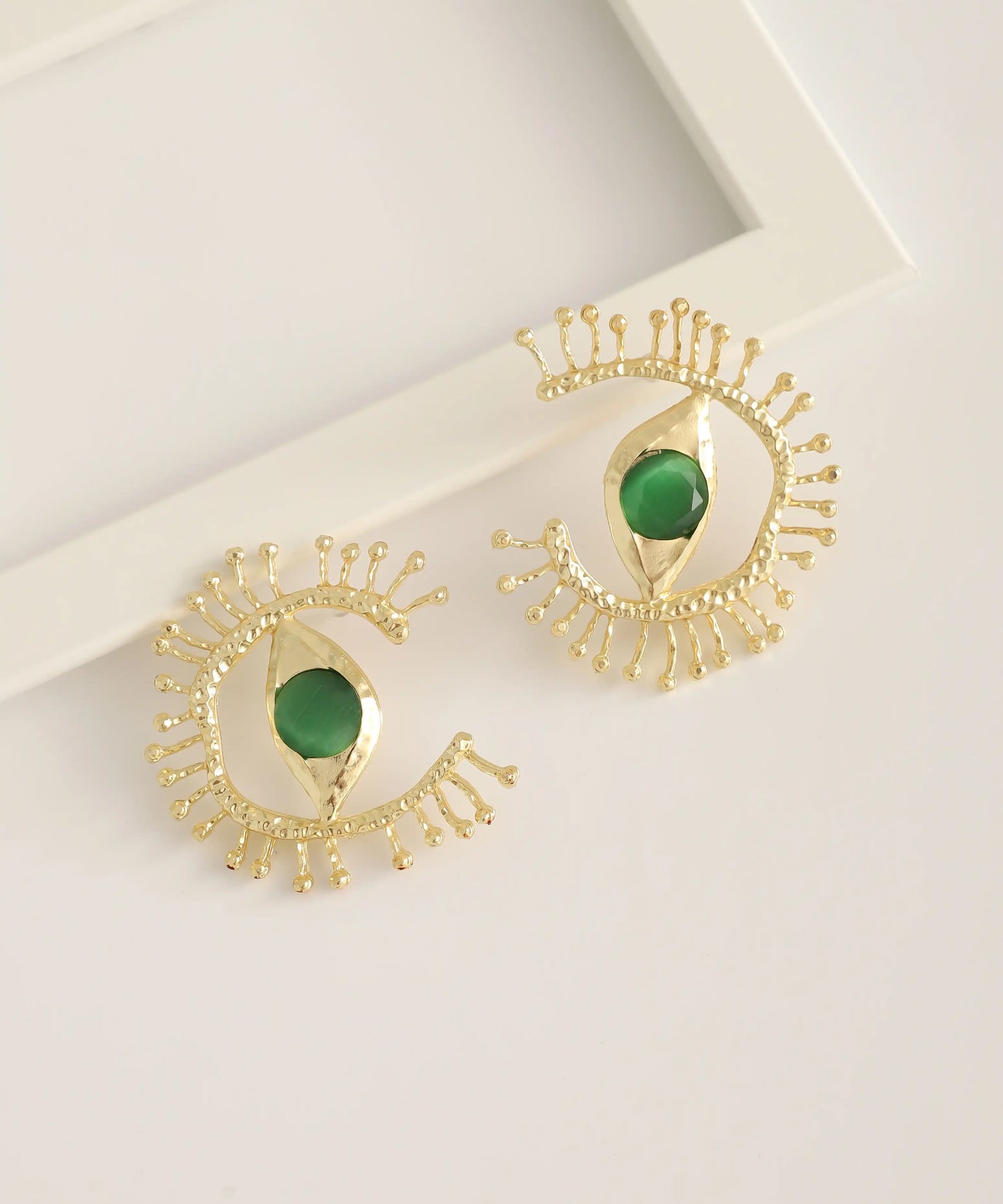 Gold Plated Green Circle Eye Earrings