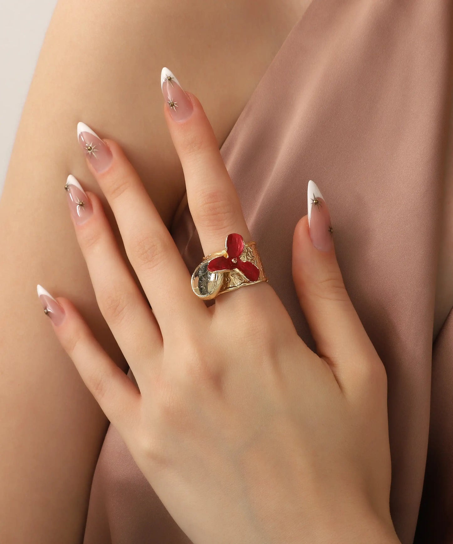 Gold Plated Red Flower Ring
