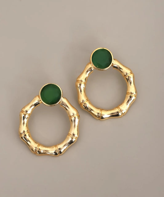 Bamboo Hoop Green Stone Earrings