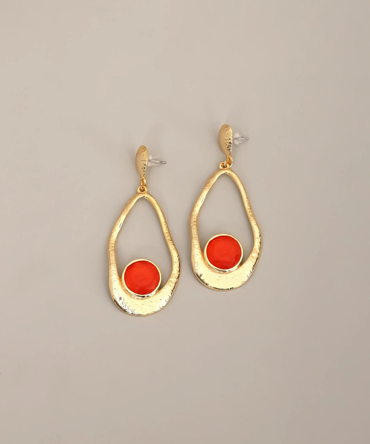 Teardrop Gold Earrings with Red Stone