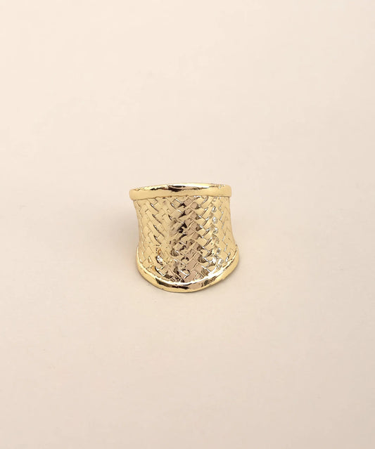 Gold Plated Wide Woven Texture Ring Adjustable