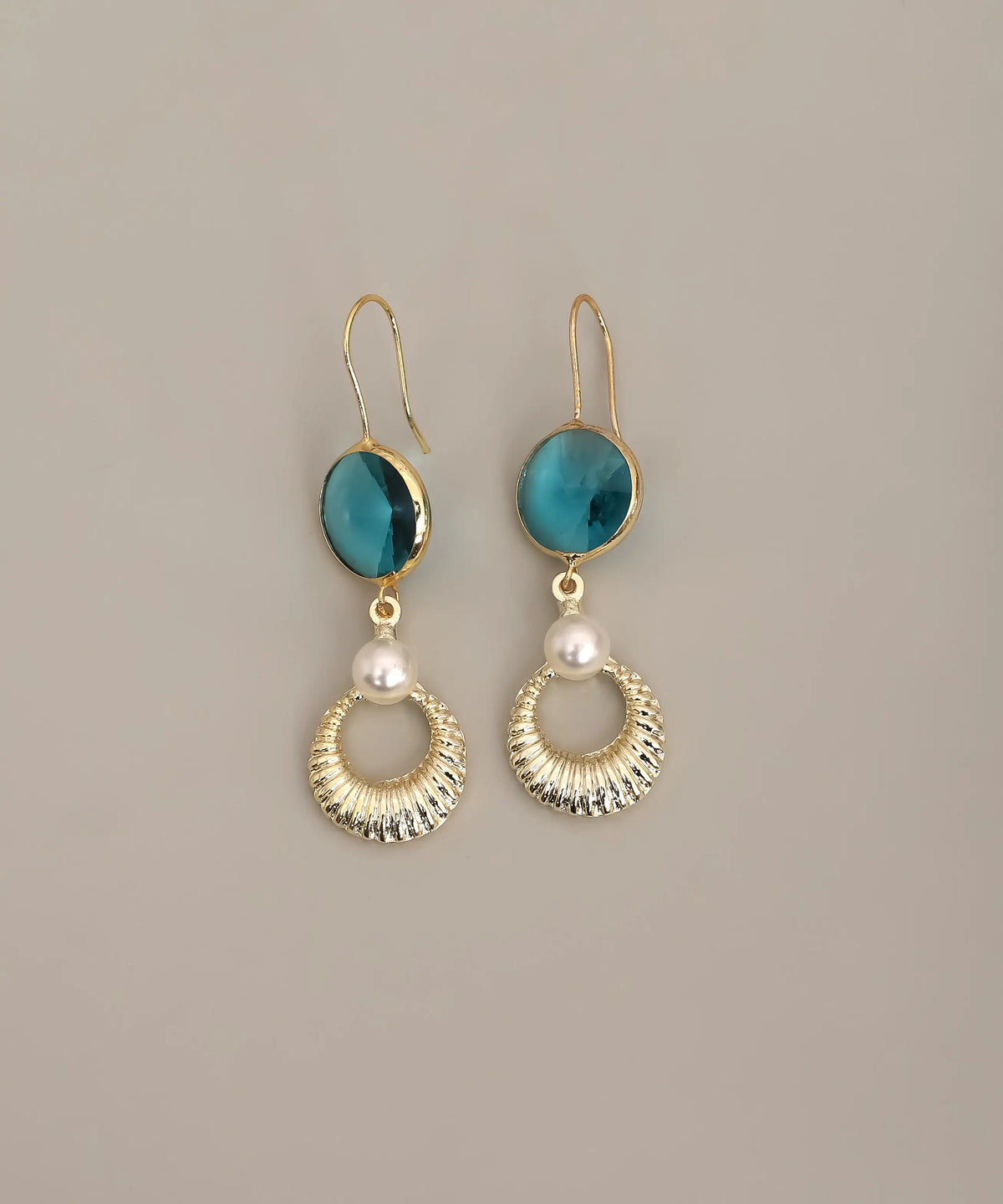 Gold Navy Stone Concentric Disc Drop Earrings