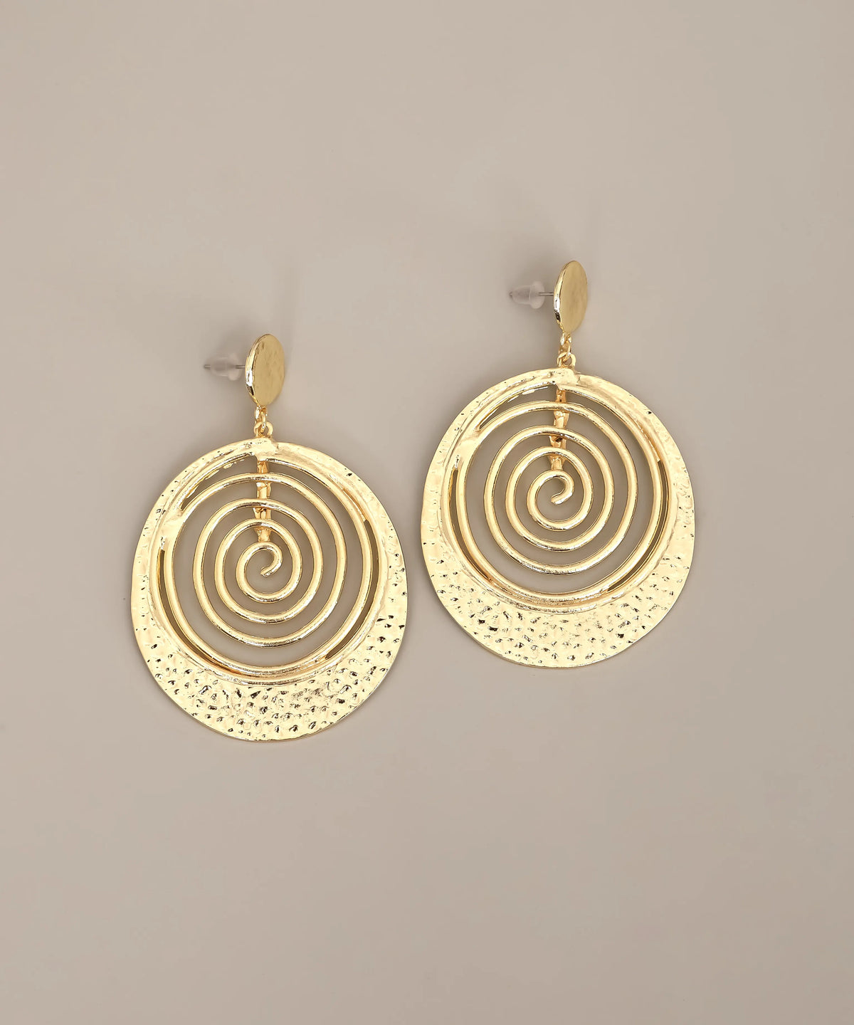 Gold Spiral Textured Disc Drop Earrings