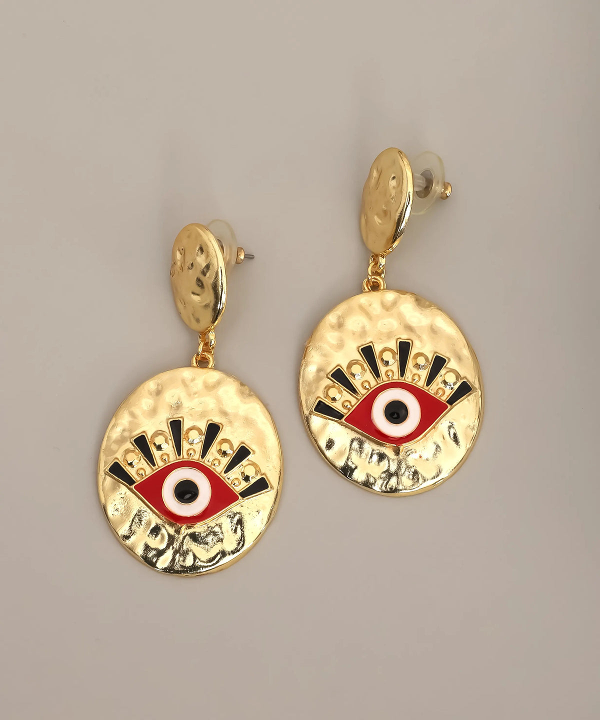 Gold Red Evil Eye Hammered Disc Drop Earrings