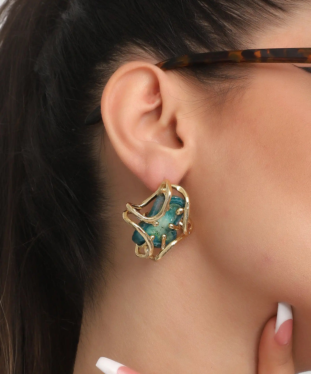Green Agate Geometric Safety Pin Gold Drop Earrings