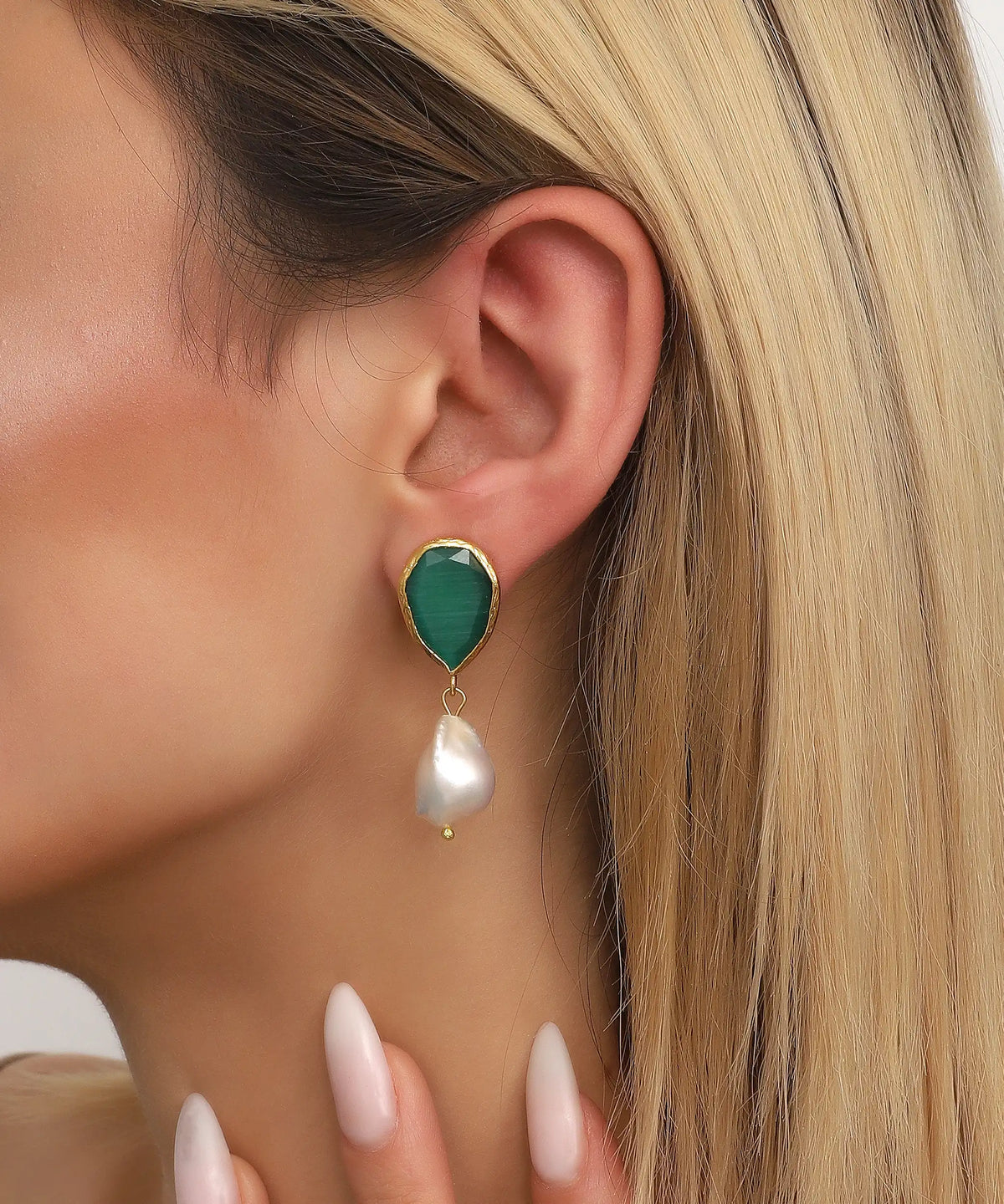 Green Stone Baroque Pearl Drop Gold Earrings