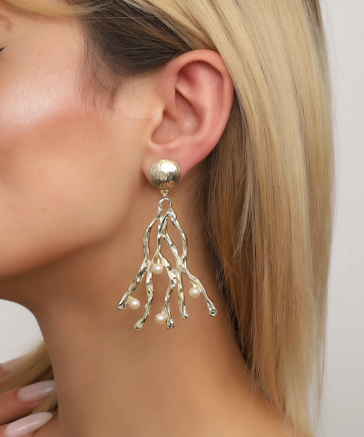 Organic Branch Pearl Gold Statement Earrings