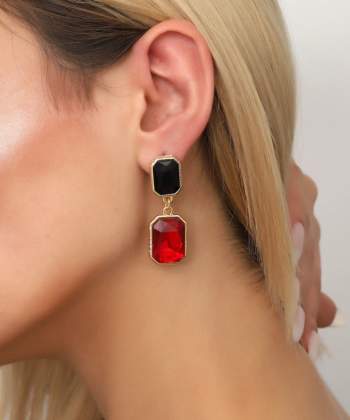 Dual Gem Rectangle Red & Black Gold Statement Earrings