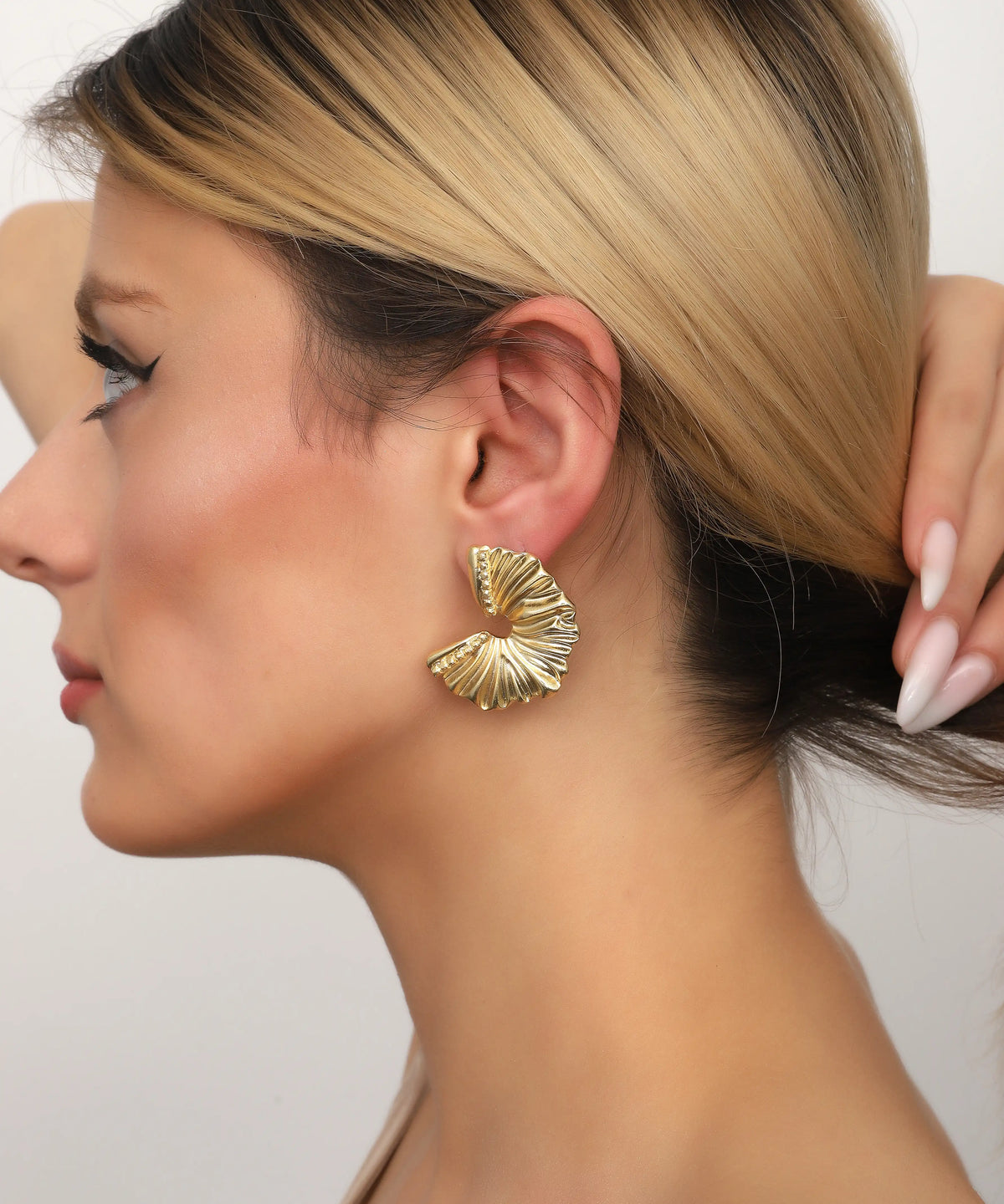Fan Shell Textured Gold Statement Earrings